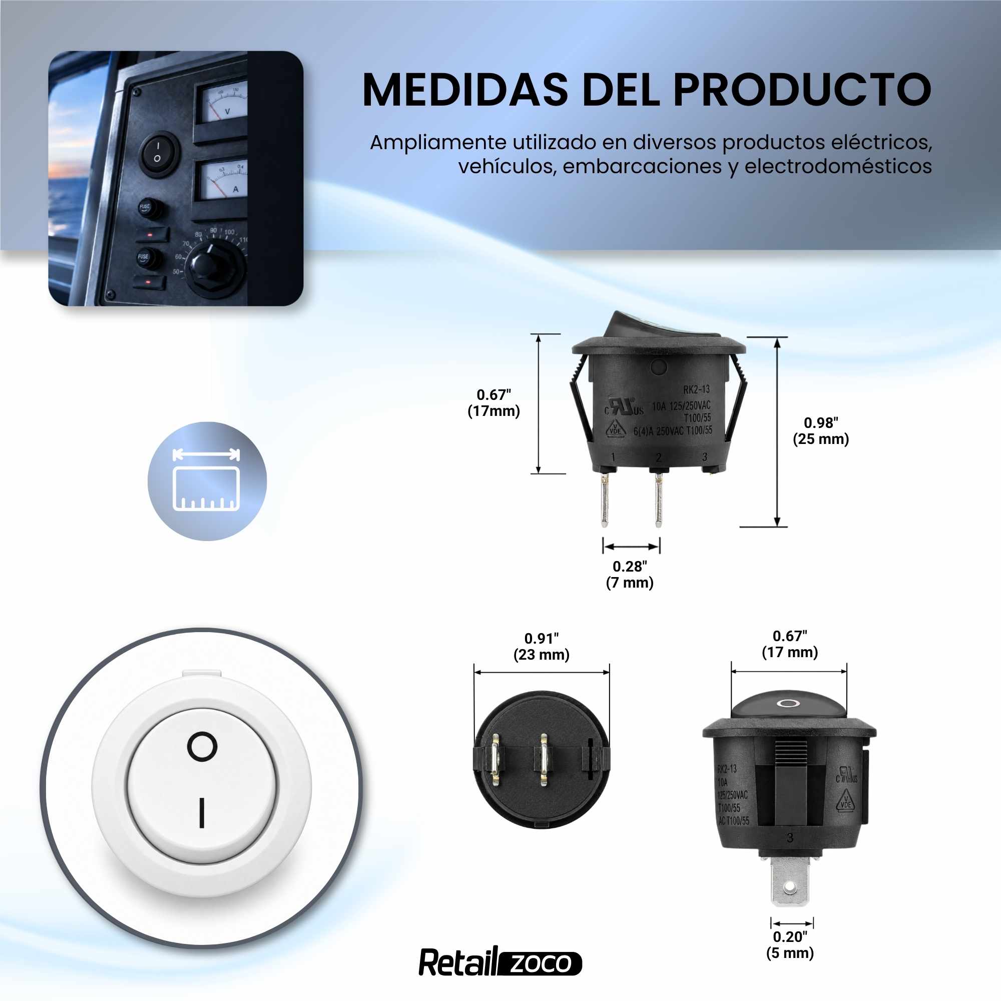 Interruptor redondo basculante de 2 vias ON/OFF 6A blanco - imagen 3