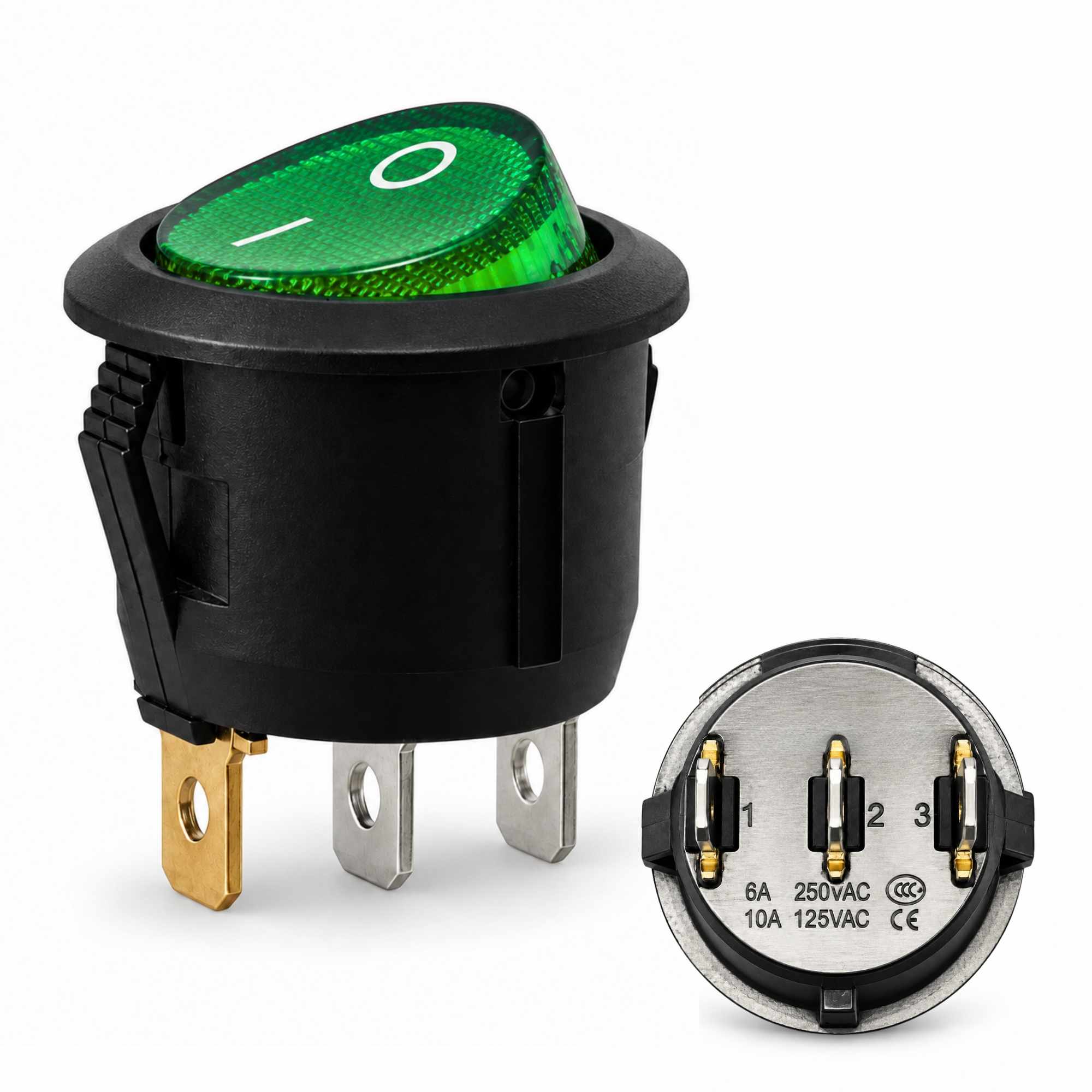 Interruptor redondo basculante de 3 vias ON/OFF 6A verde