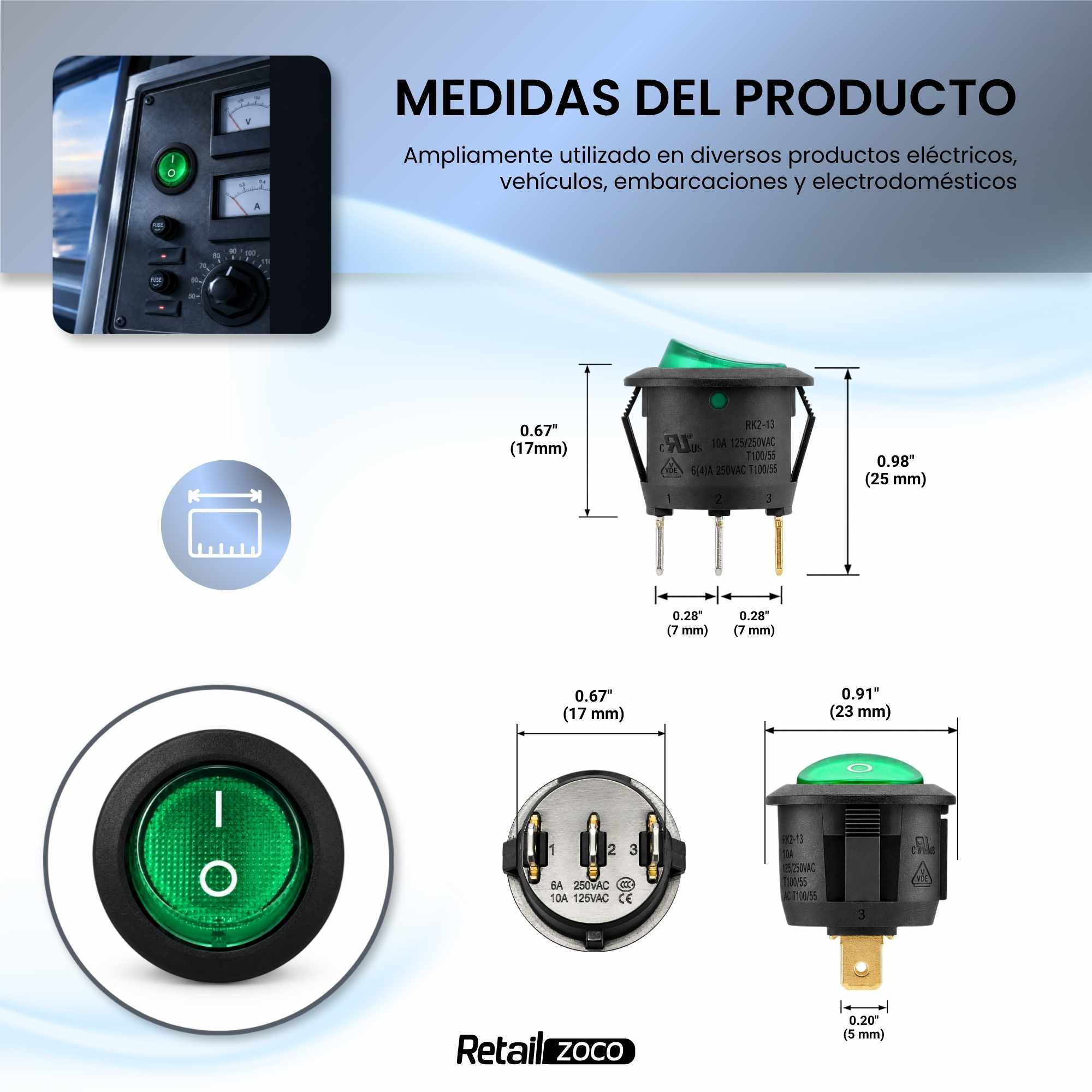 Interruptor redondo basculante de 3 vias ON/OFF 6A verde - imagen 4