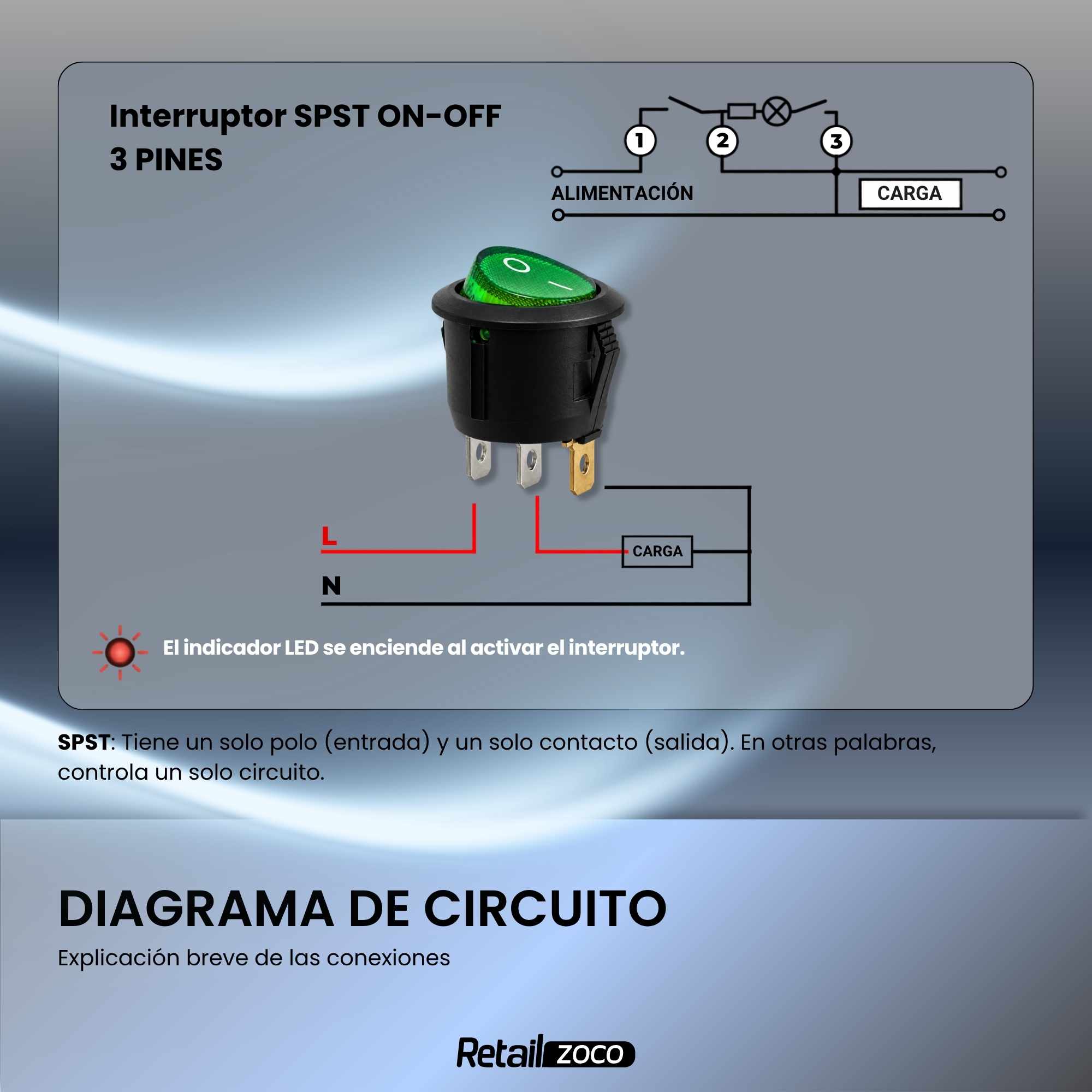 Interruptor redondo basculante de 3 vias ON/OFF 6A verde - imagen 6