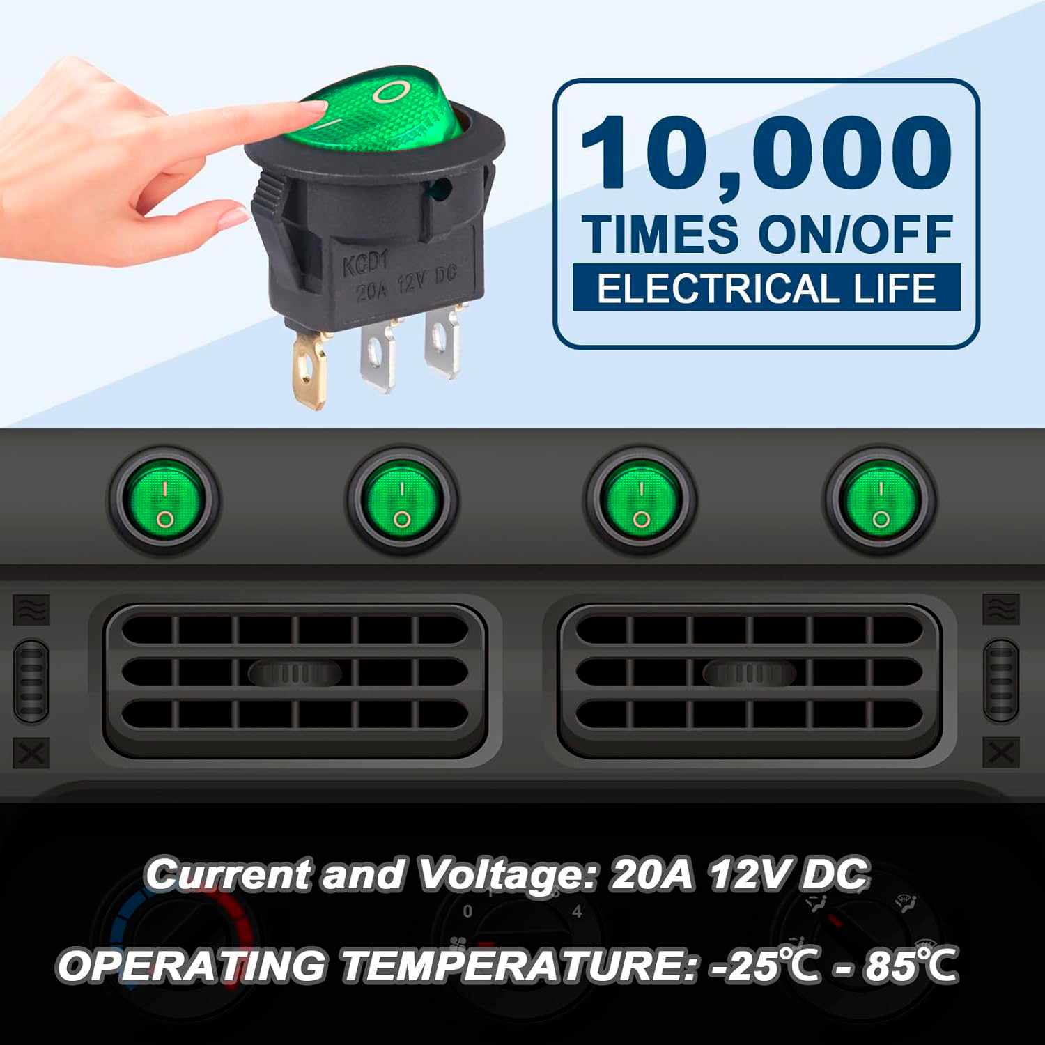 Interruptor redondo basculante de 3 vias ON/OFF 6A verde - imagen 2