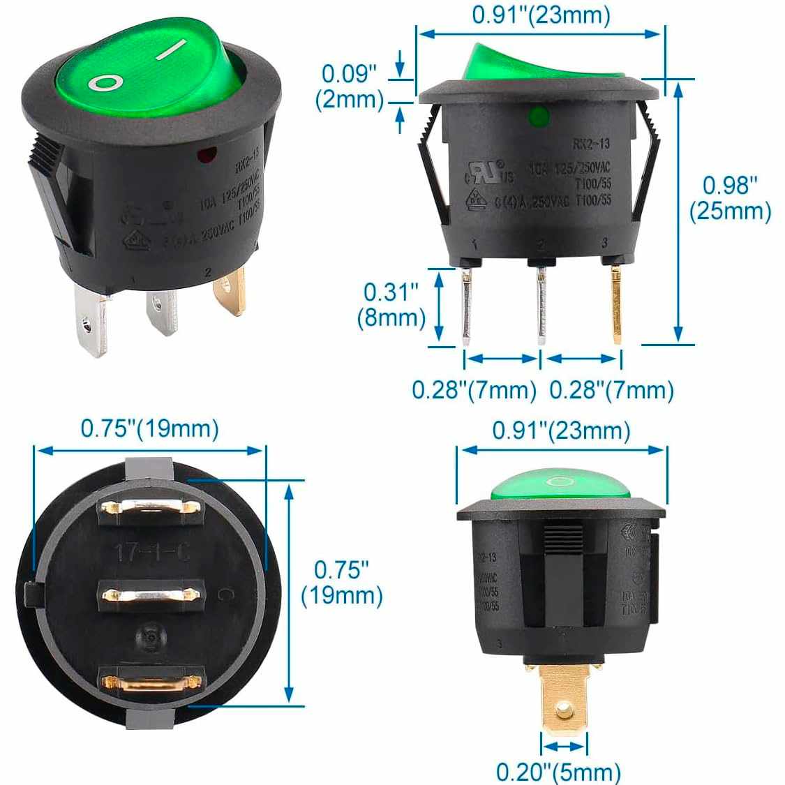 Interruptor redondo basculante de 3 vias ON/OFF 6A verde - imagen 3
