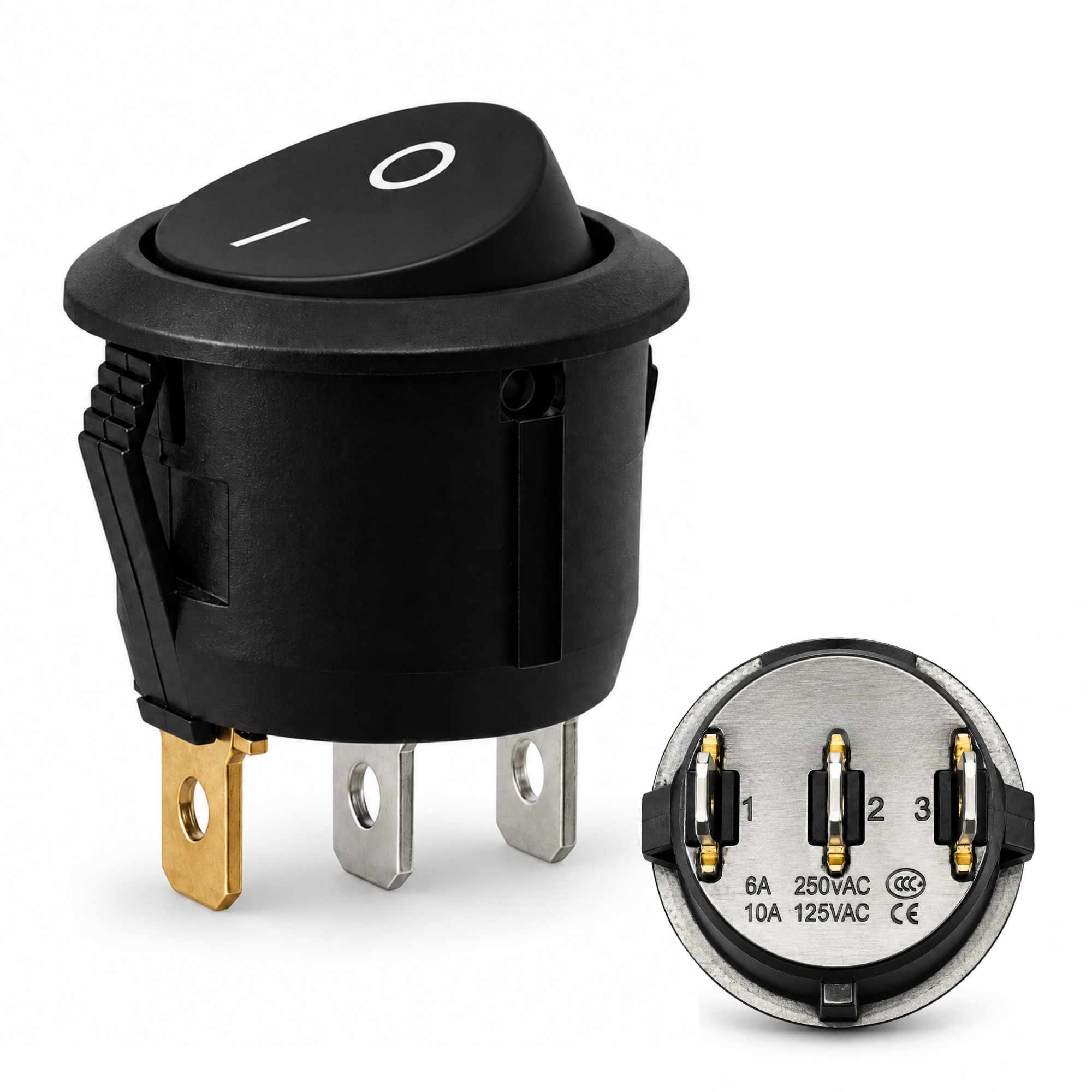 Interruptor redondo basculante de 3 vias ON/OFF 6A Negro - imagen 1