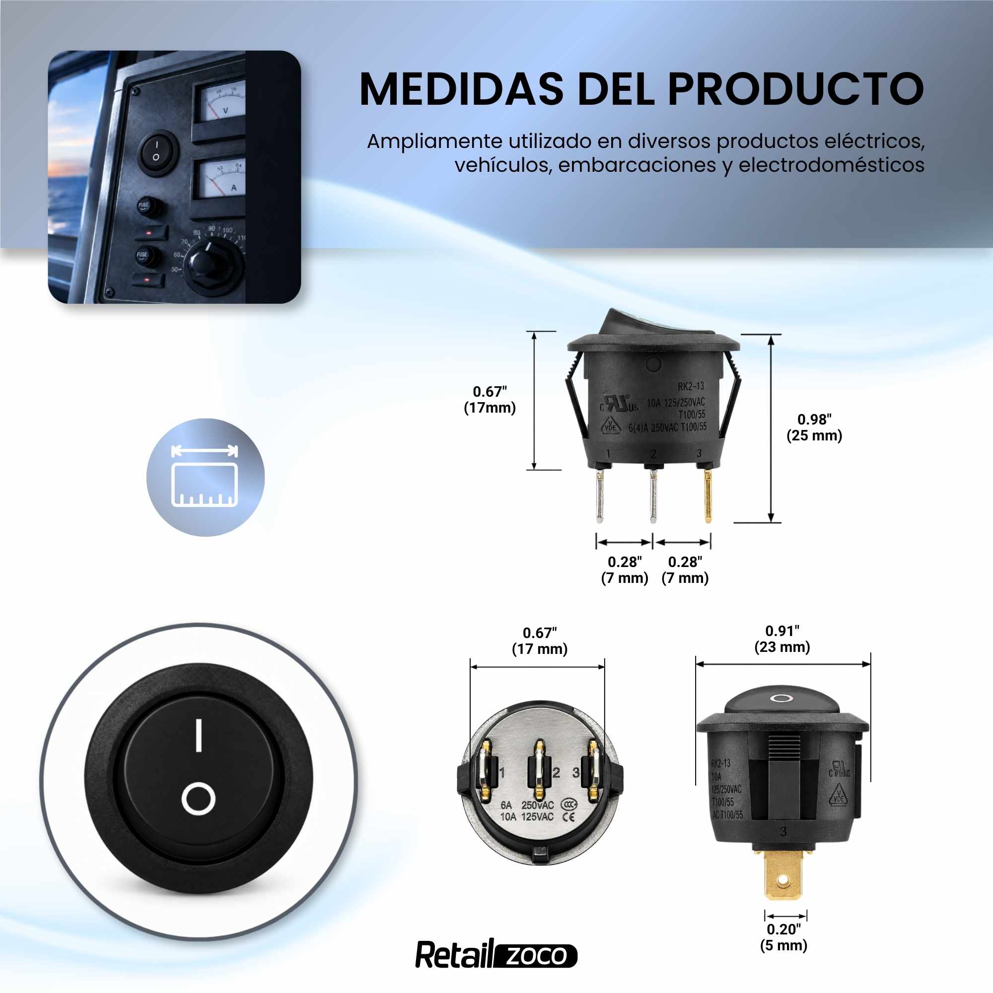 Interruptor redondo basculante de 3 vias ON/OFF 6A Negro - imagen 4