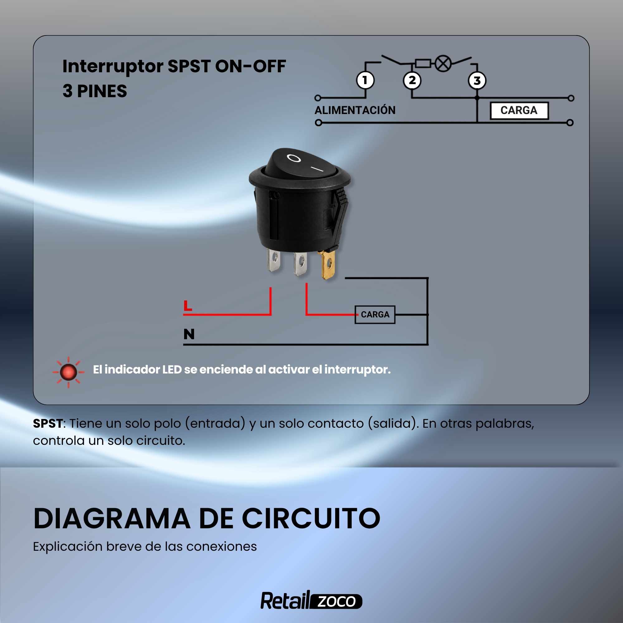 Interruptor redondo basculante de 3 vias ON/OFF 6A Negro - imagen 5