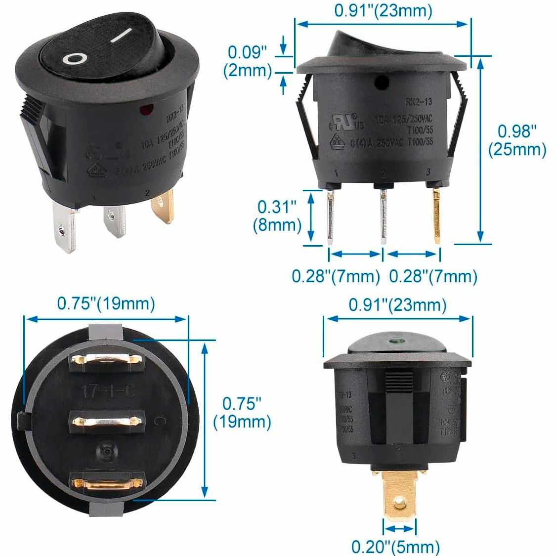 Interruptor redondo basculante de 3 vias ON/OFF 6A Negro - imagen 2