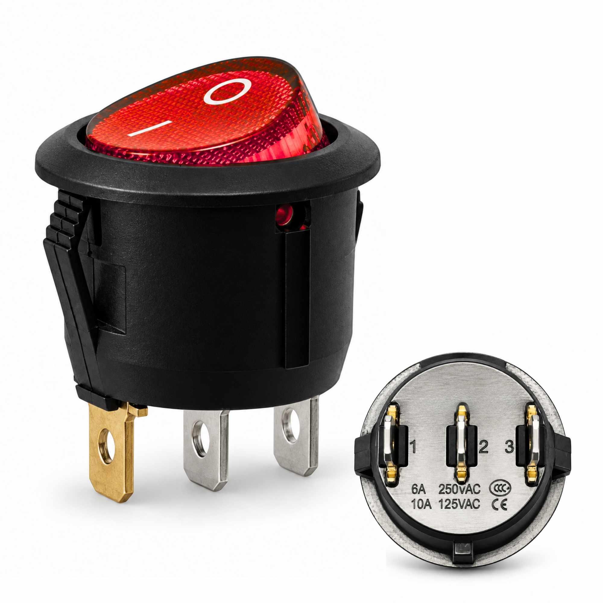 Interruptor redondo basculante de 3 vias ON/OFF 6A Rojo