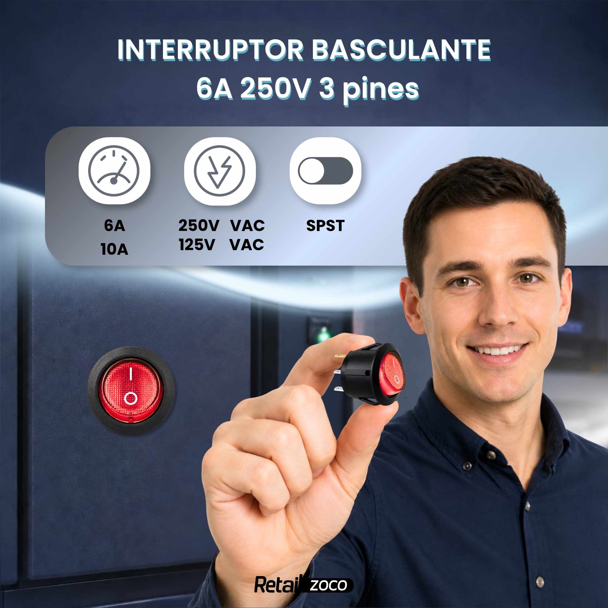 Interruptor redondo basculante de 3 vias ON/OFF 6A Rojo - imagen 2