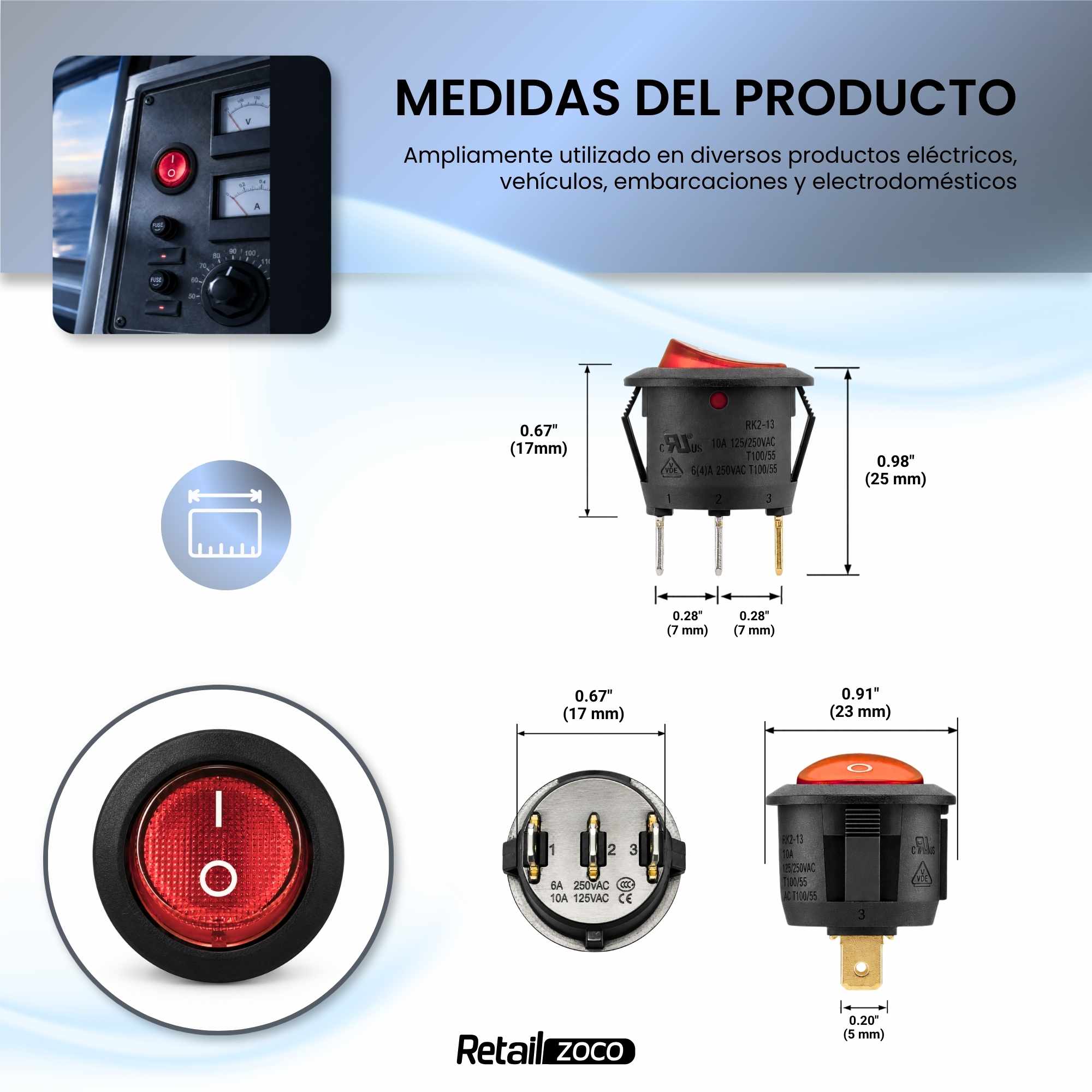 Interruptor redondo basculante de 3 vias ON/OFF 6A Rojo - imagen 4