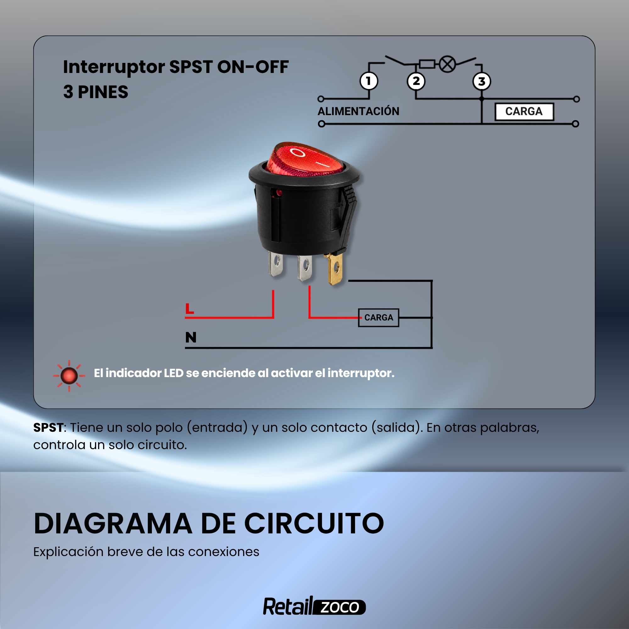 Interruptor redondo basculante de 3 vias ON/OFF 6A Rojo - imagen 5