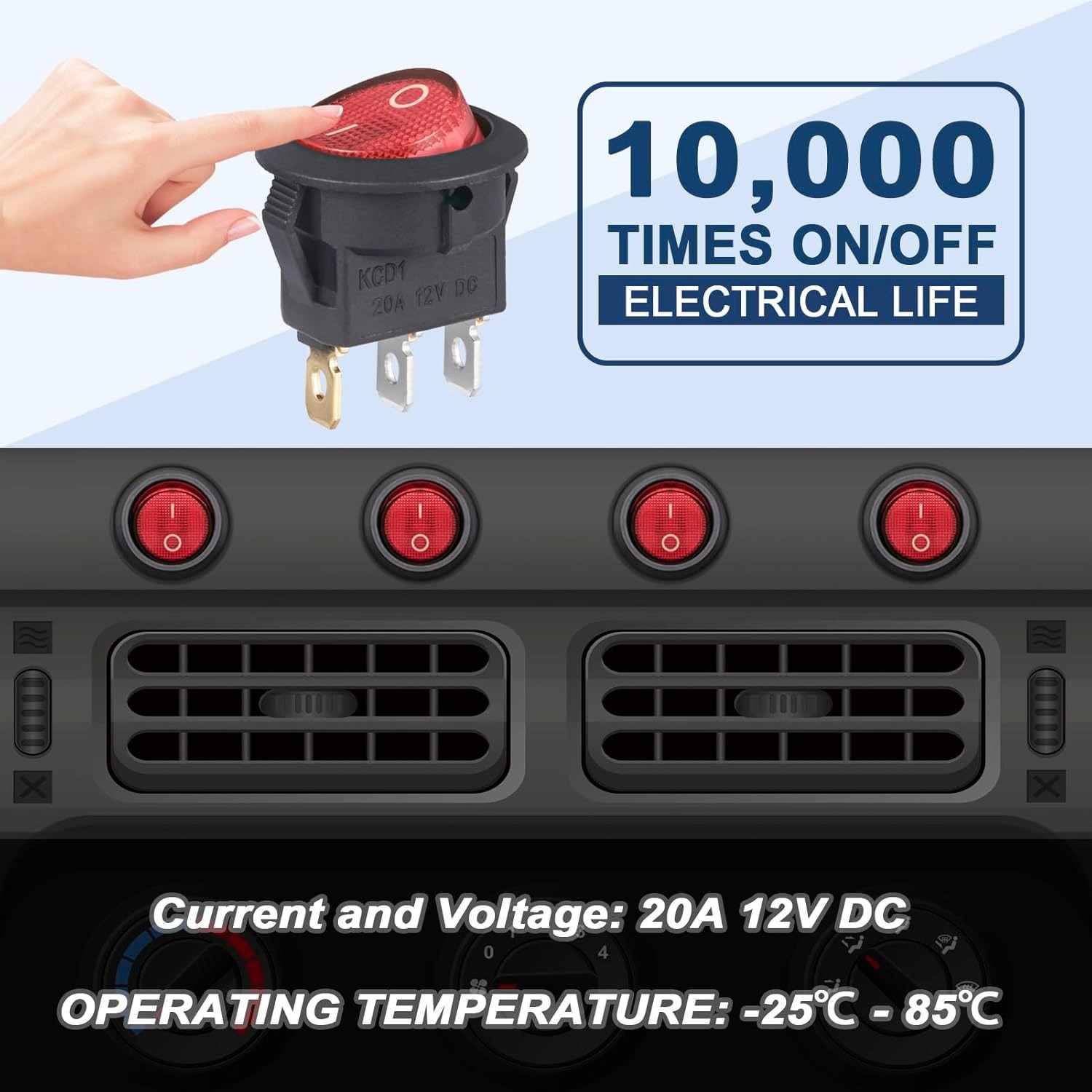 Interruptor redondo basculante de 3 vias ON/OFF 6A Rojo - imagen 3