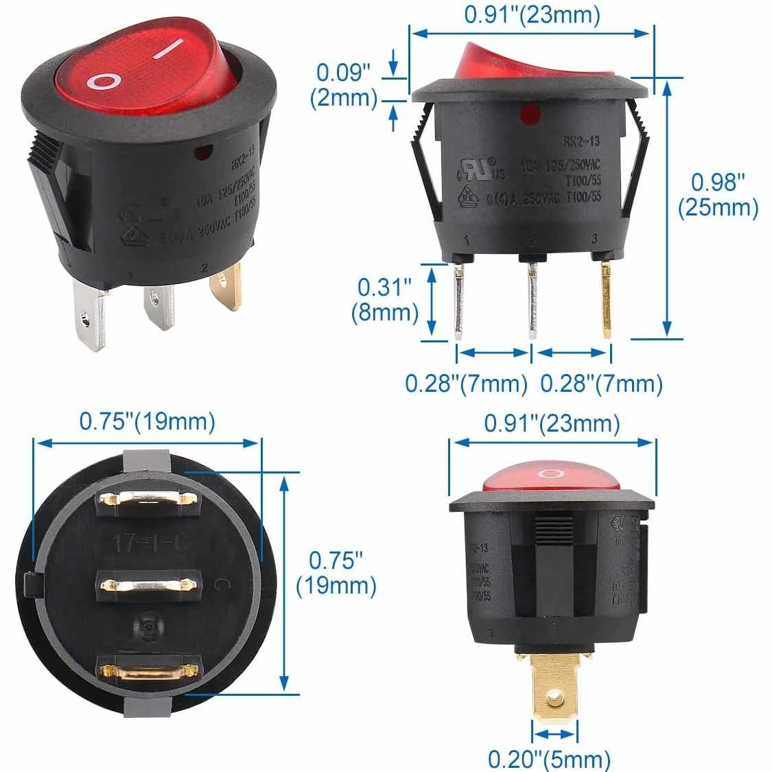 Interruptor redondo basculante de 3 vias ON/OFF 6A Rojo - imagen 7