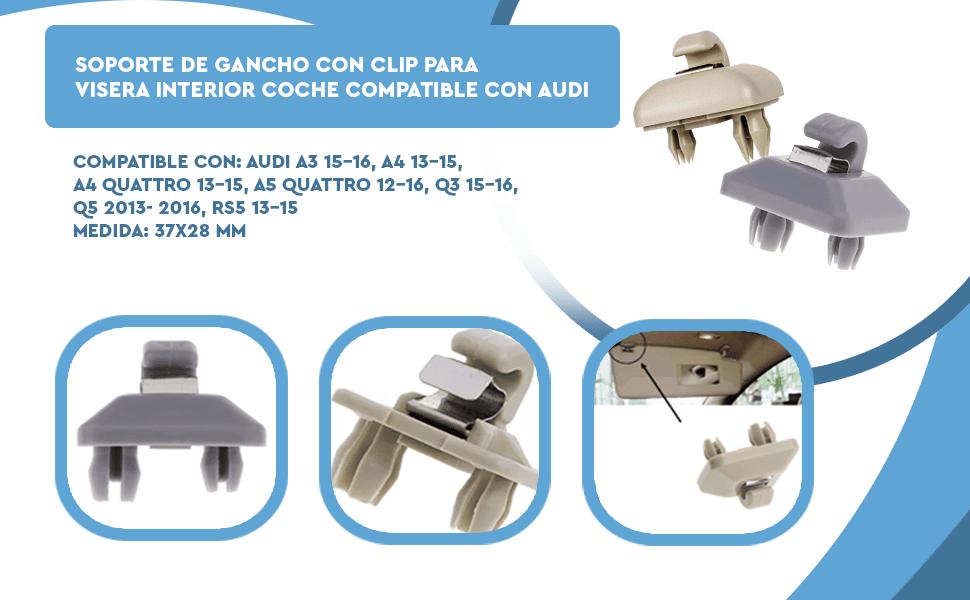 Banner - Soporte de gancho con clip para visera interior coche compatible con Audi Gris