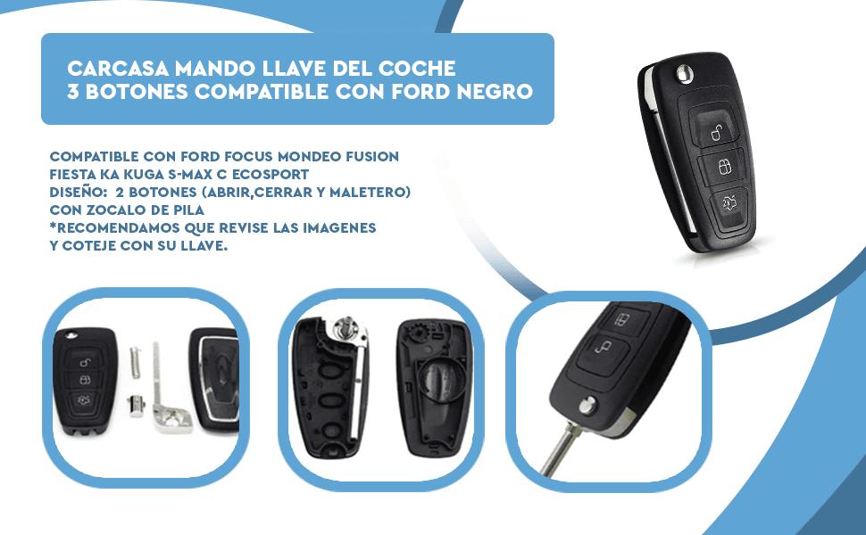 Banner - Carcasa mando llave del coche 3 botones compatible con Ford negro