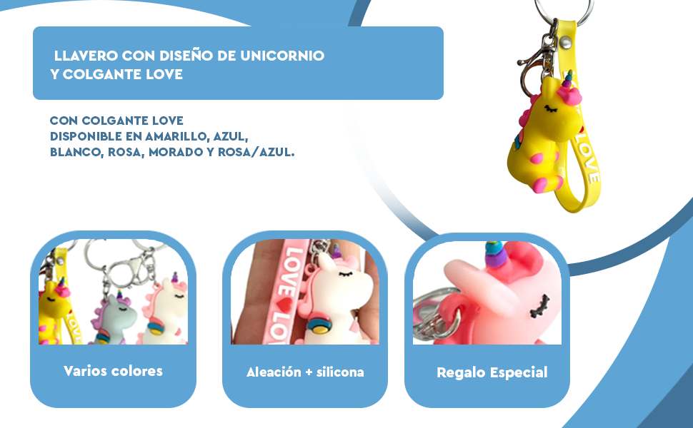 Banner - Llavero unicornio con colgante love azul