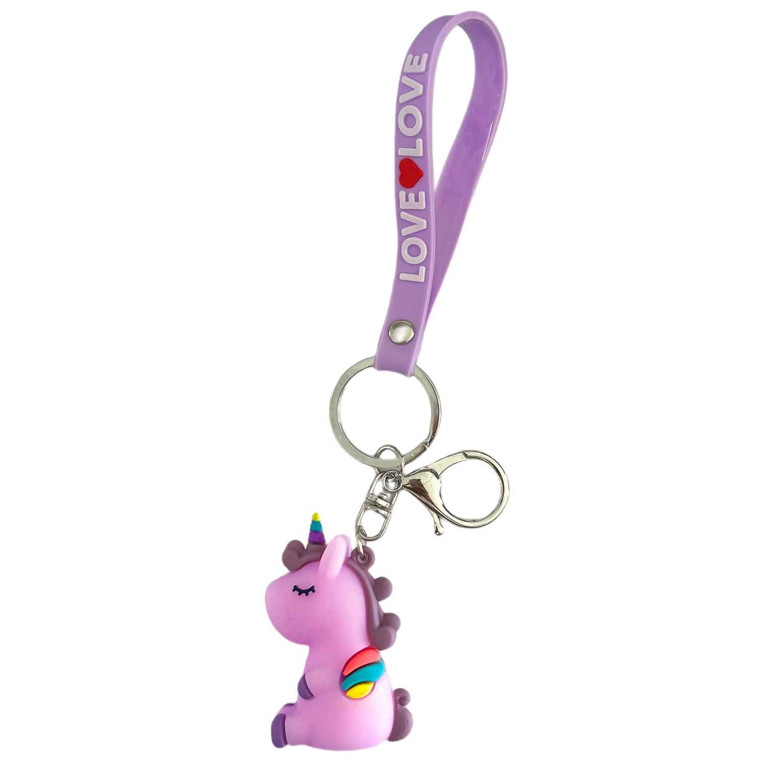 Llavero unicornio con colgante love morado