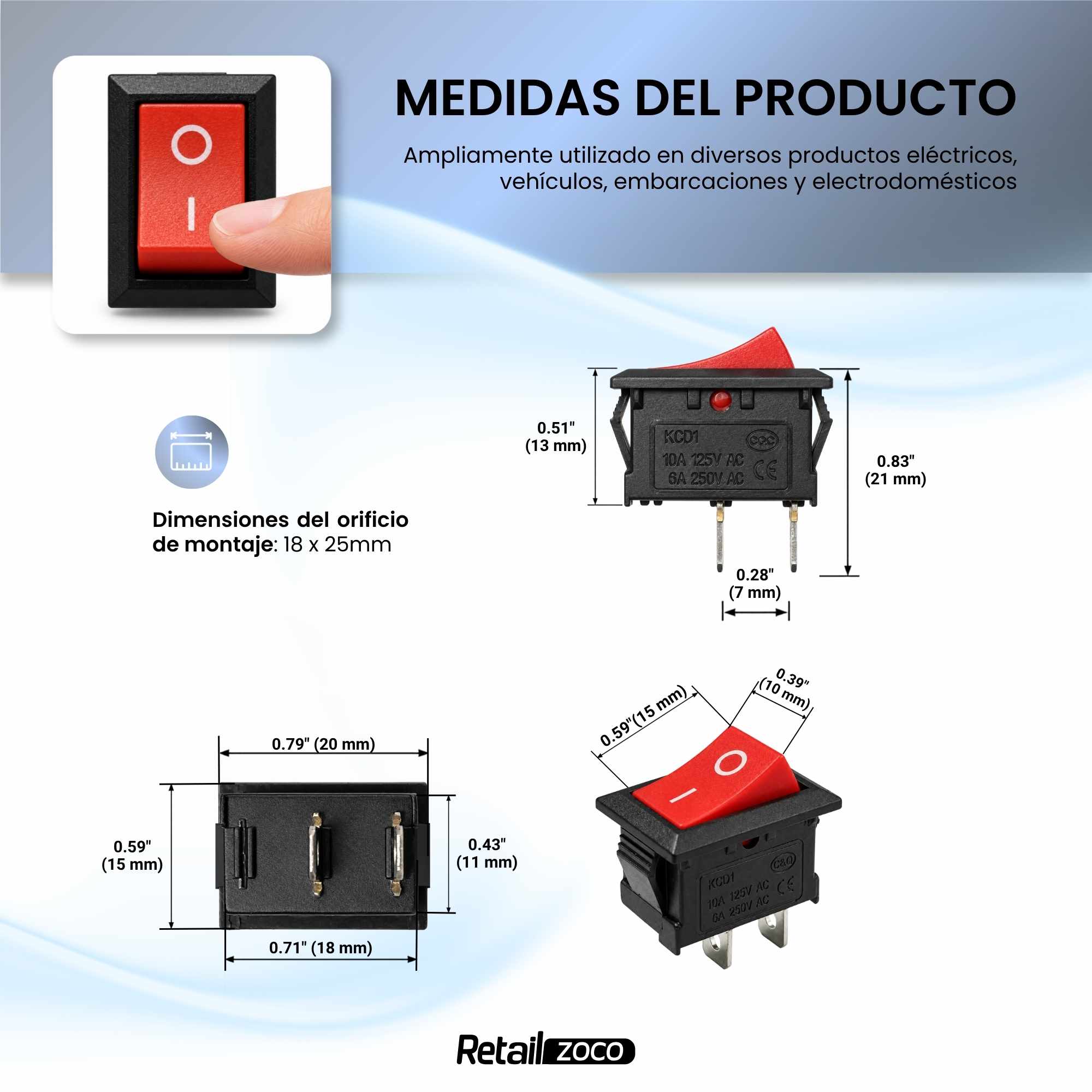 Interruptor universal 2 pin on-off 10A rojo - imagen 4