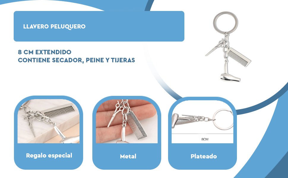 Banner - Llavero peluquero tijera peine secador mini metalico