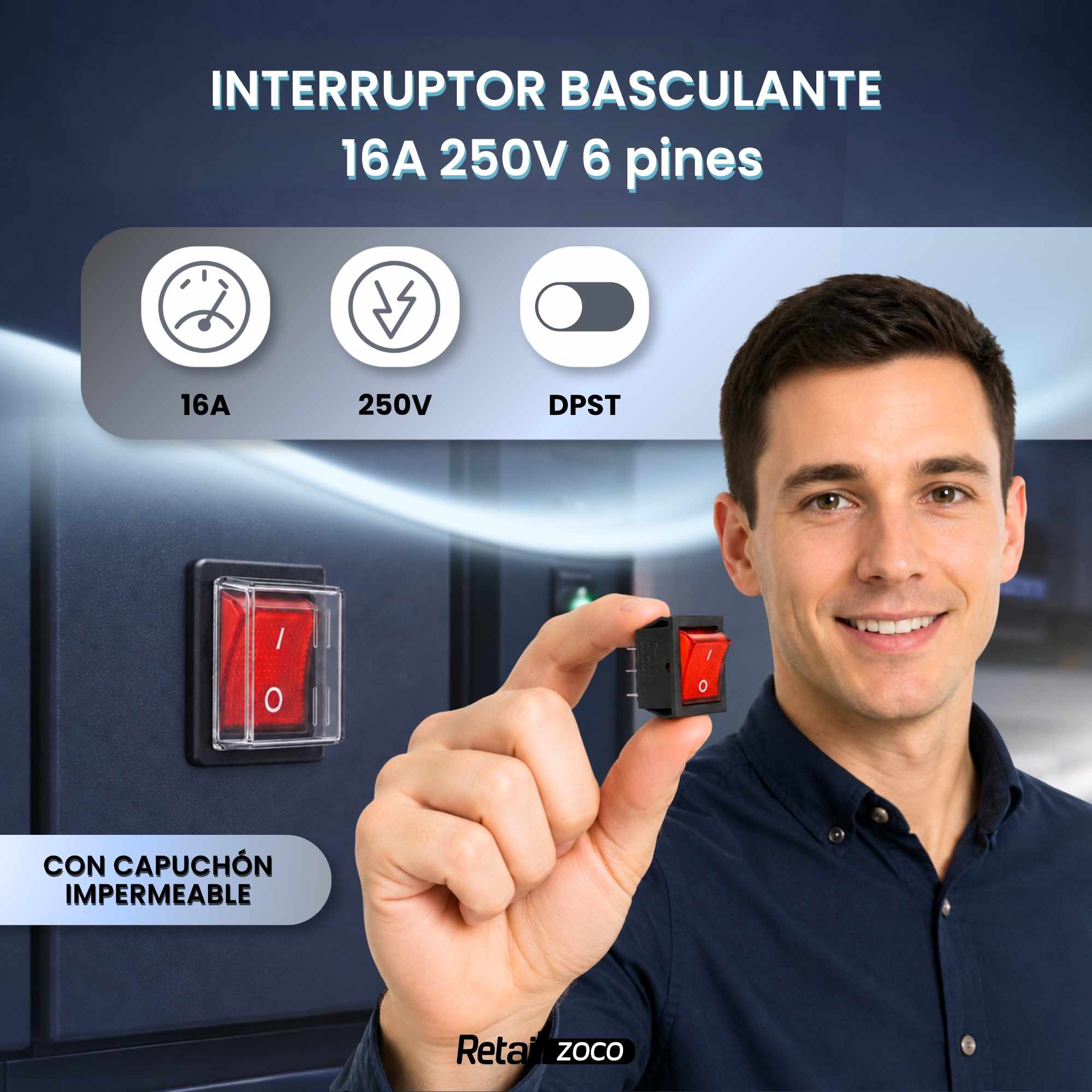 Interruptor basculante ON-OFF DPST 4 vias impermeable Rojo 16 A - imagen 2