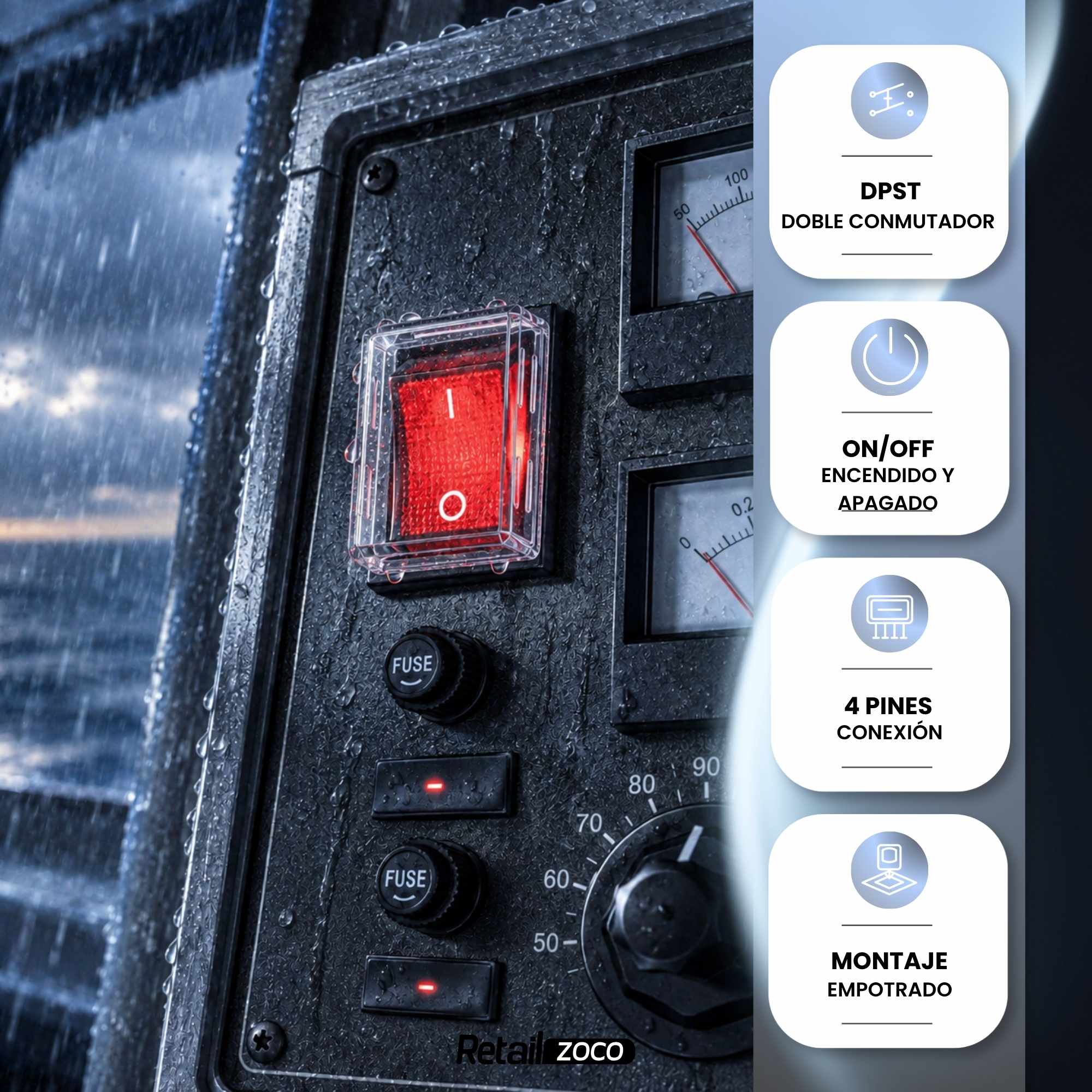 Interruptor basculante ON-OFF DPST 4 vias impermeable Rojo 16 A - imagen 3