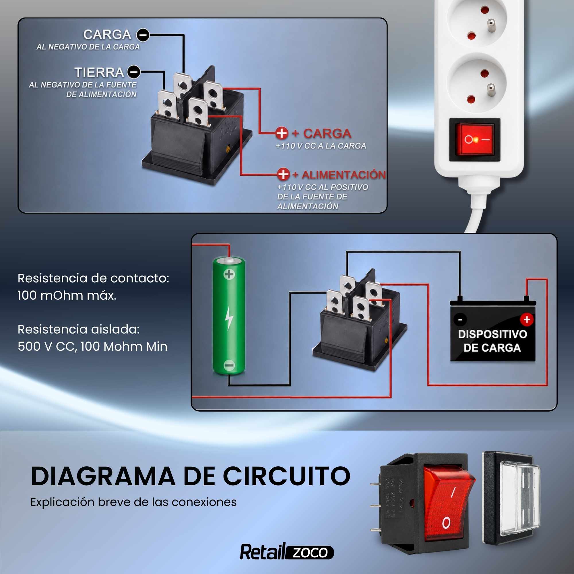 Interruptor basculante ON-OFF DPST 4 vias impermeable Rojo 16 A - imagen 5
