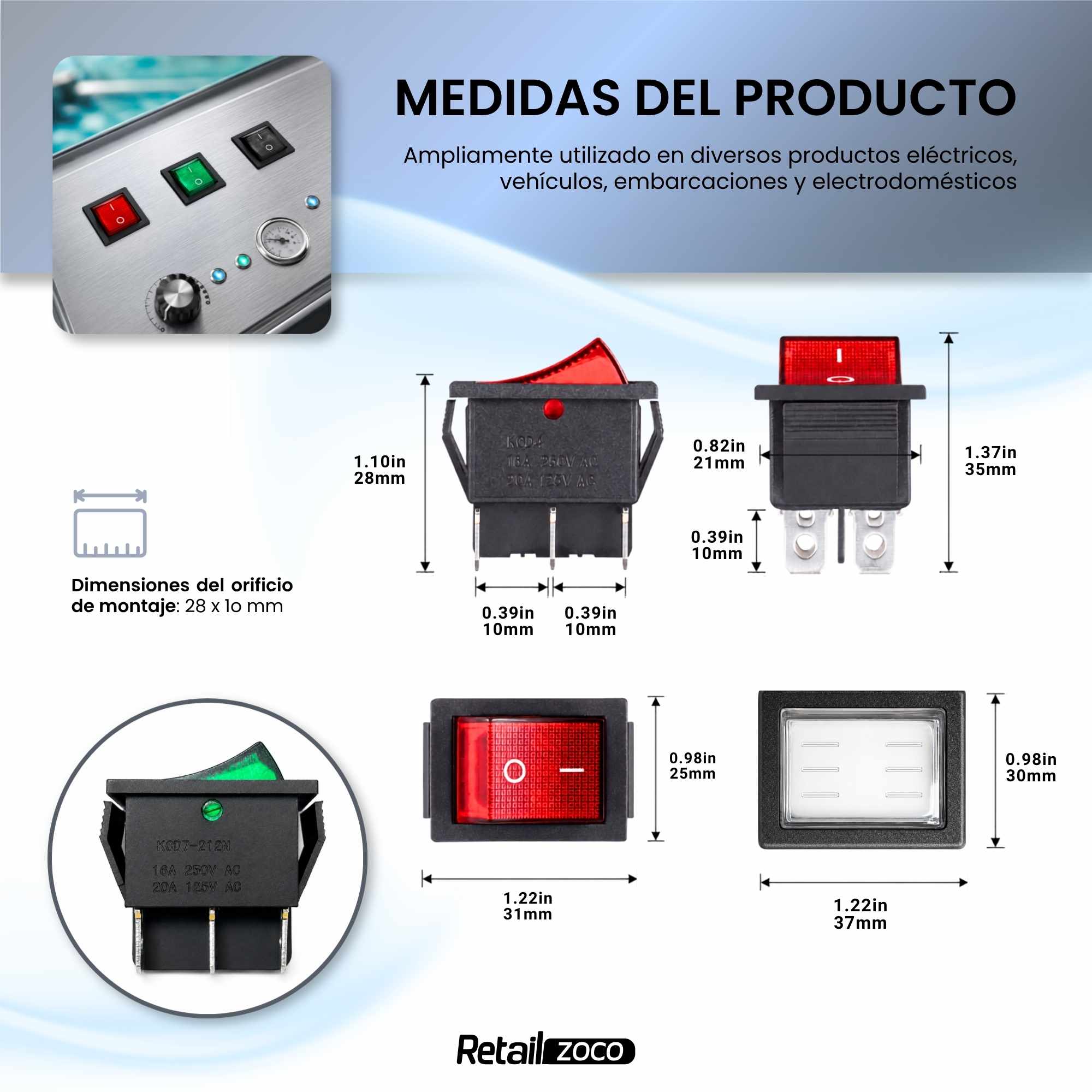 Interruptor basculante ON-OFF DPST 4 vias impermeable Rojo 16 A - imagen 6