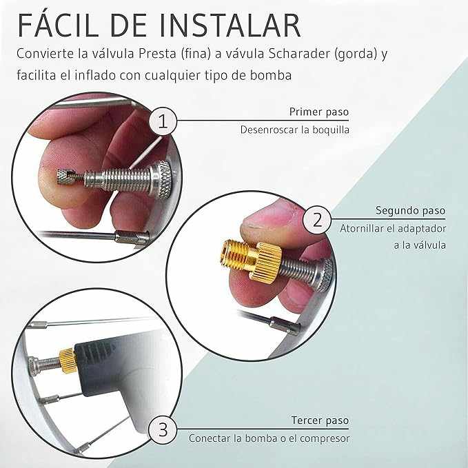 Adaptador de aluminio de valvula Presta a Schrader para bicicleta dorado - imagen 3