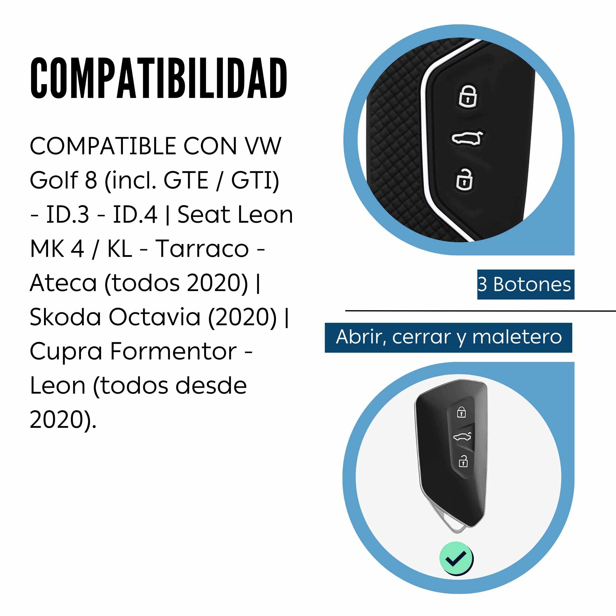 Funda silicona mando llave del coche 3 botones compatible con VW Golf negro-blanco - imagen 4