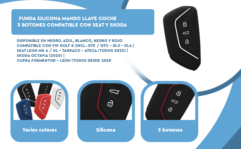 Banner - Funda silicona mando llave del coche 3 botones compatible con VW Golf negro-blanco