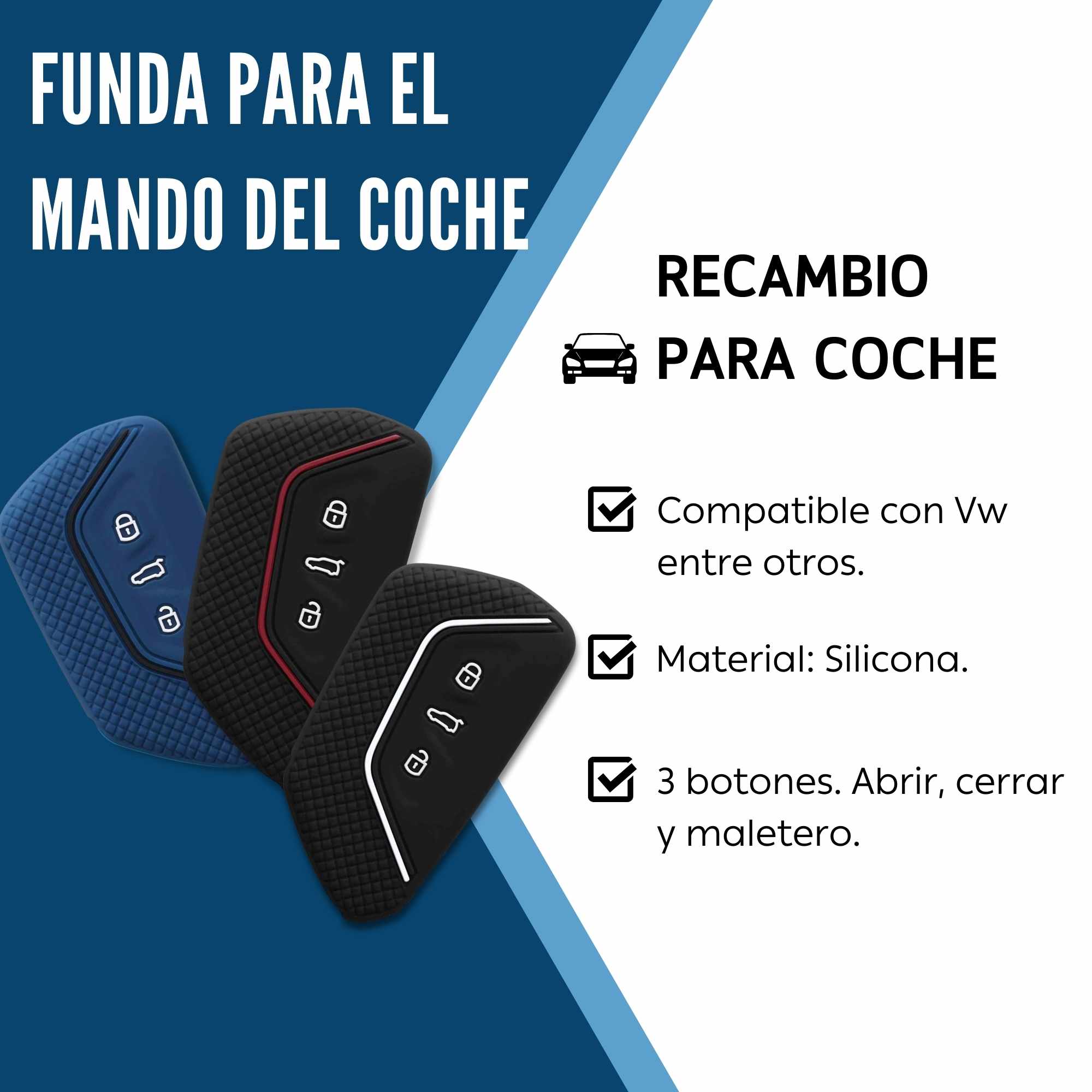Funda silicona mando llave del coche 3 botones compatible con VW Golf negro-rojo - imagen 3