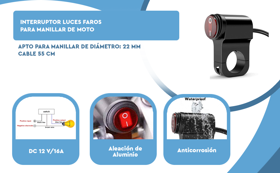 Banner - Interruptor luces faros para manillar de moto 12 V CC negro