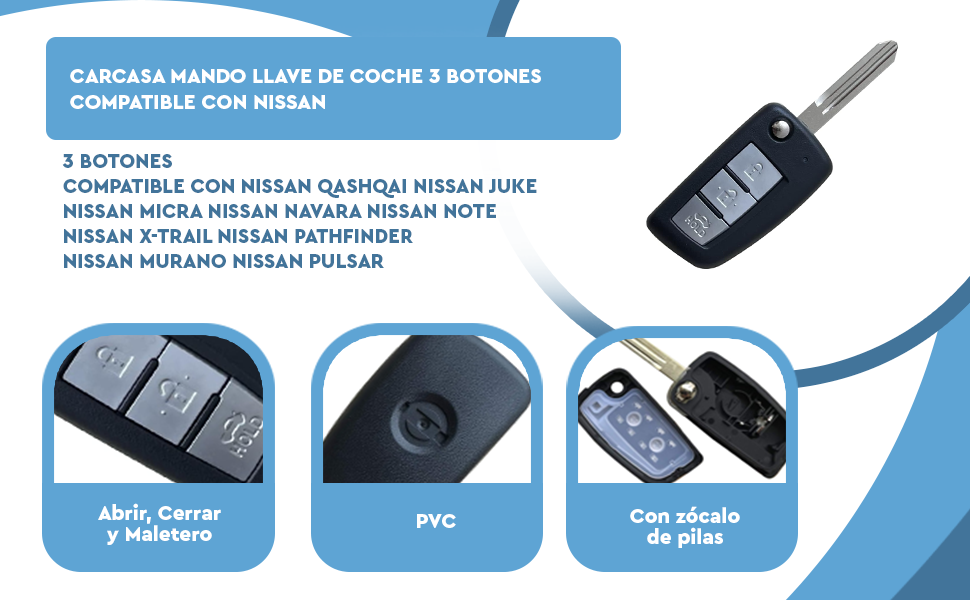 Banner - Carcasa mando llave de coche 3 botones compatible con Nissan negro