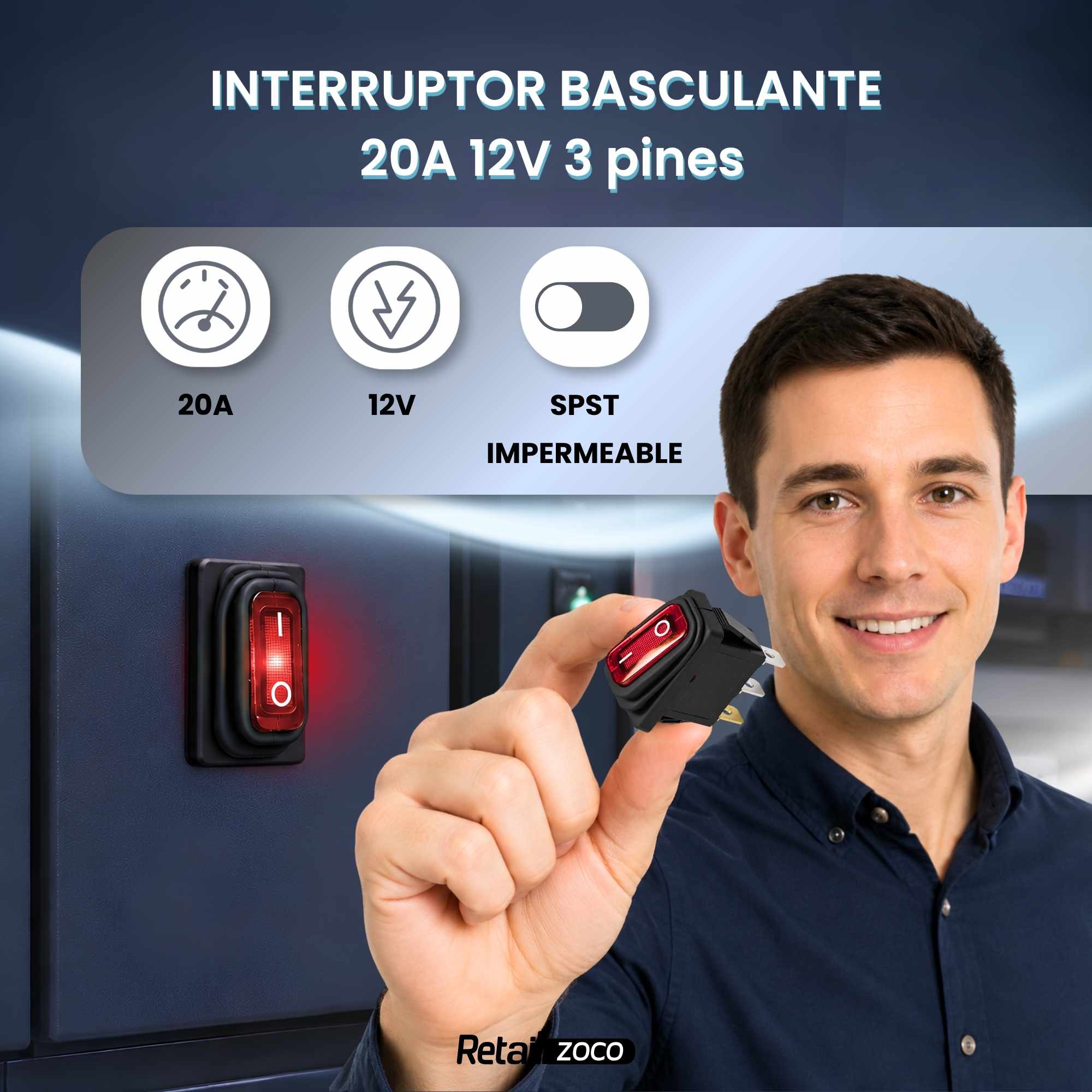 Interruptor basculante ON-OFF SPST 3 vias impermeable led Rojo 20 A - imagen 1