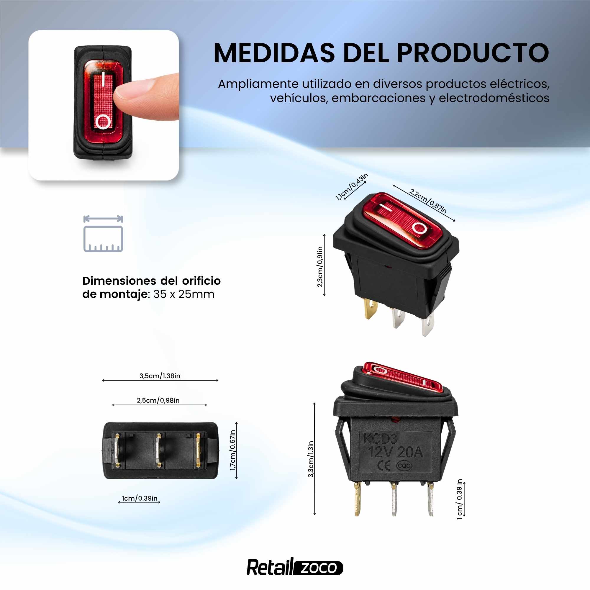 Interruptor basculante ON-OFF SPST 3 vias impermeable led Rojo 20 A - imagen 4