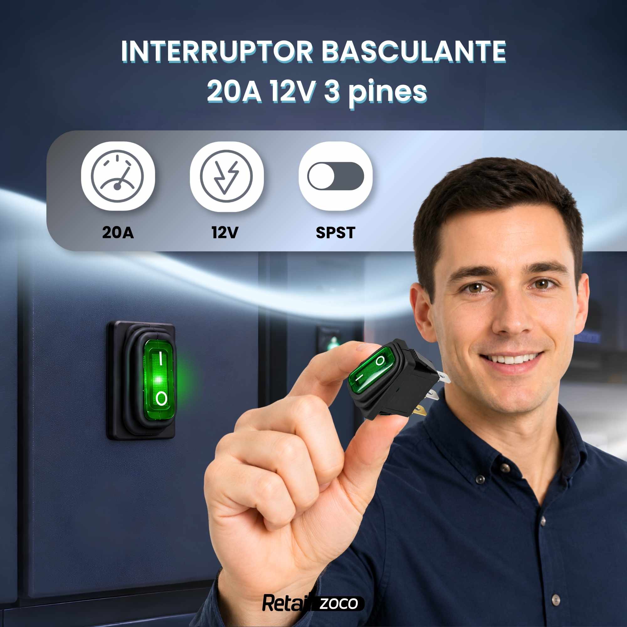 Interruptor basculante ON-OFF SPST 3 vias impermeable led verde 20 A - imagen 2