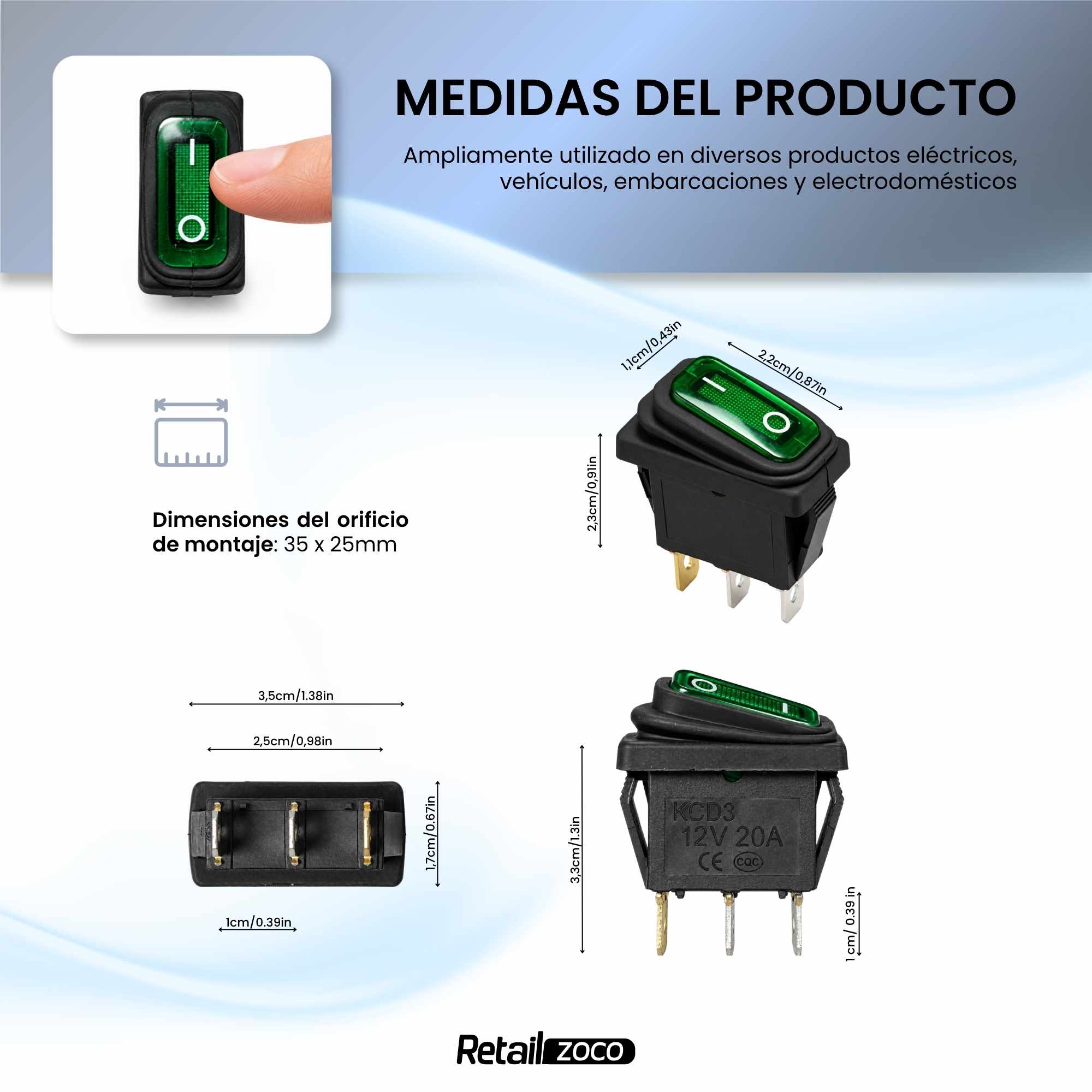 Interruptor basculante ON-OFF SPST 3 vias impermeable led verde 20 A - imagen 4