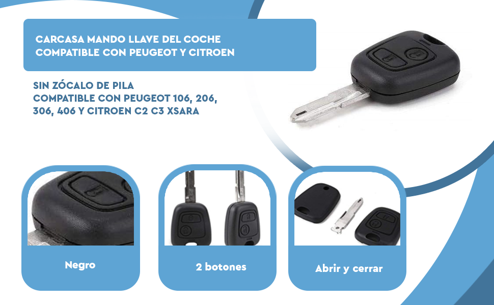 Banner - Carcasa mando llave de coche 2 botones compatible con Peugeot negro