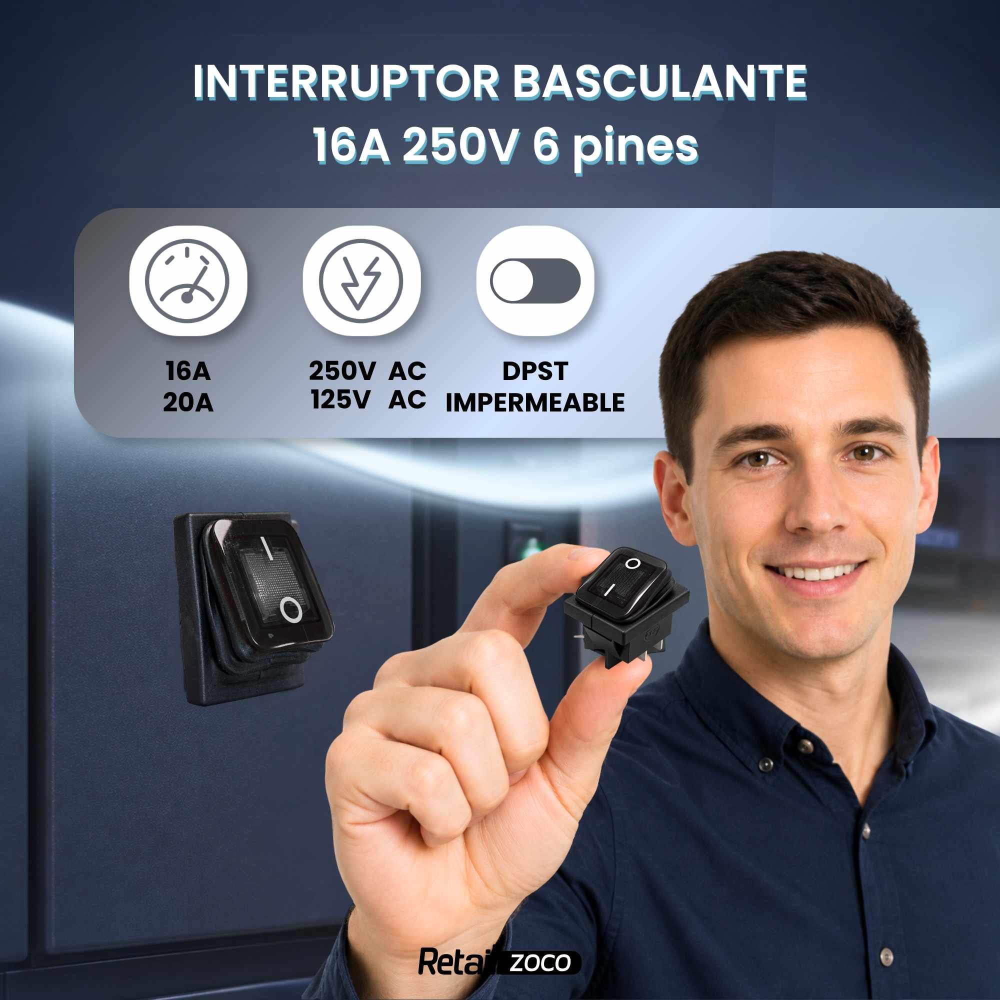 Interruptor basculante ON-OFF DPST 4 vias impermeable 20 A - imagen 2