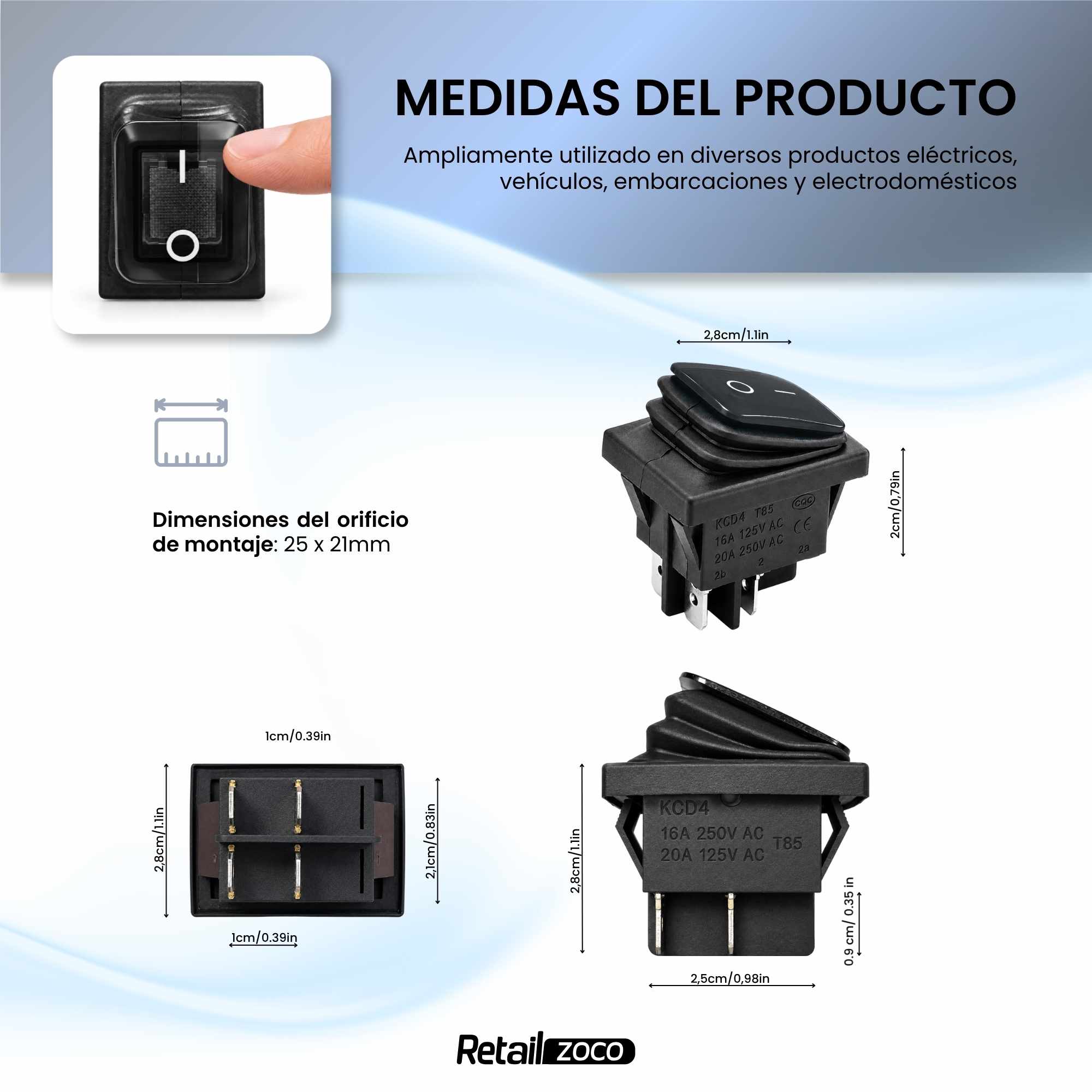 Interruptor basculante ON-OFF DPST 4 vias impermeable 20 A - imagen 4