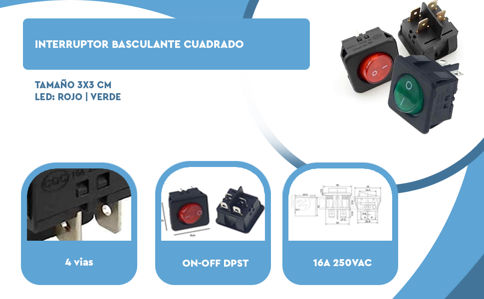 Banner - Interruptor basculante cuadrado DPST RK1-05 LED Verde 16A 250V AC