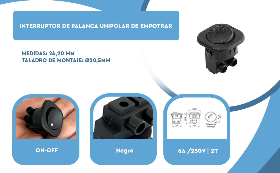 Banner - Interruptor basculante unipolar redondo para empotrar negro 6A