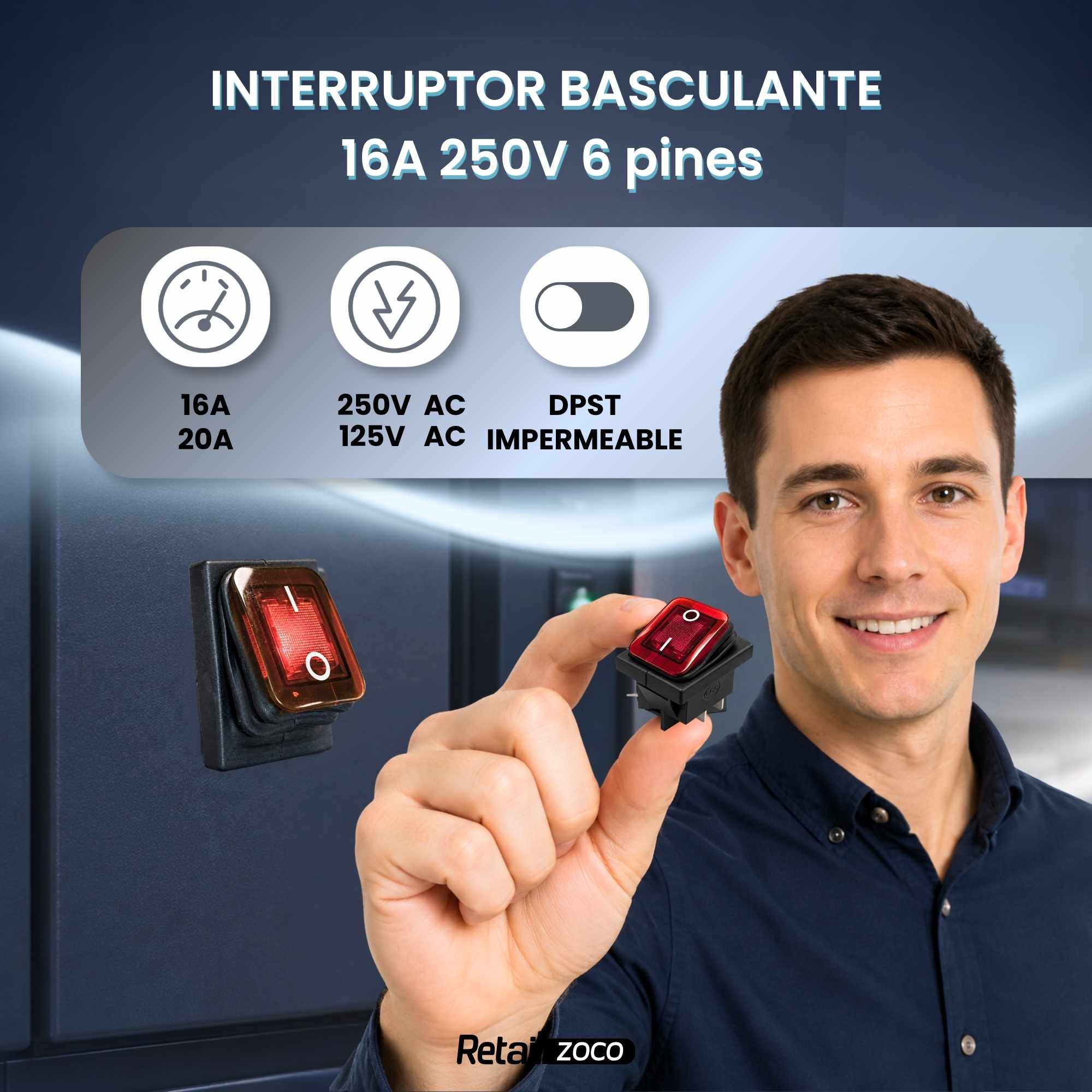 Interruptor basculante ON-OFF DPST 4 vias impermeable LED rojo 20 A - imagen 2