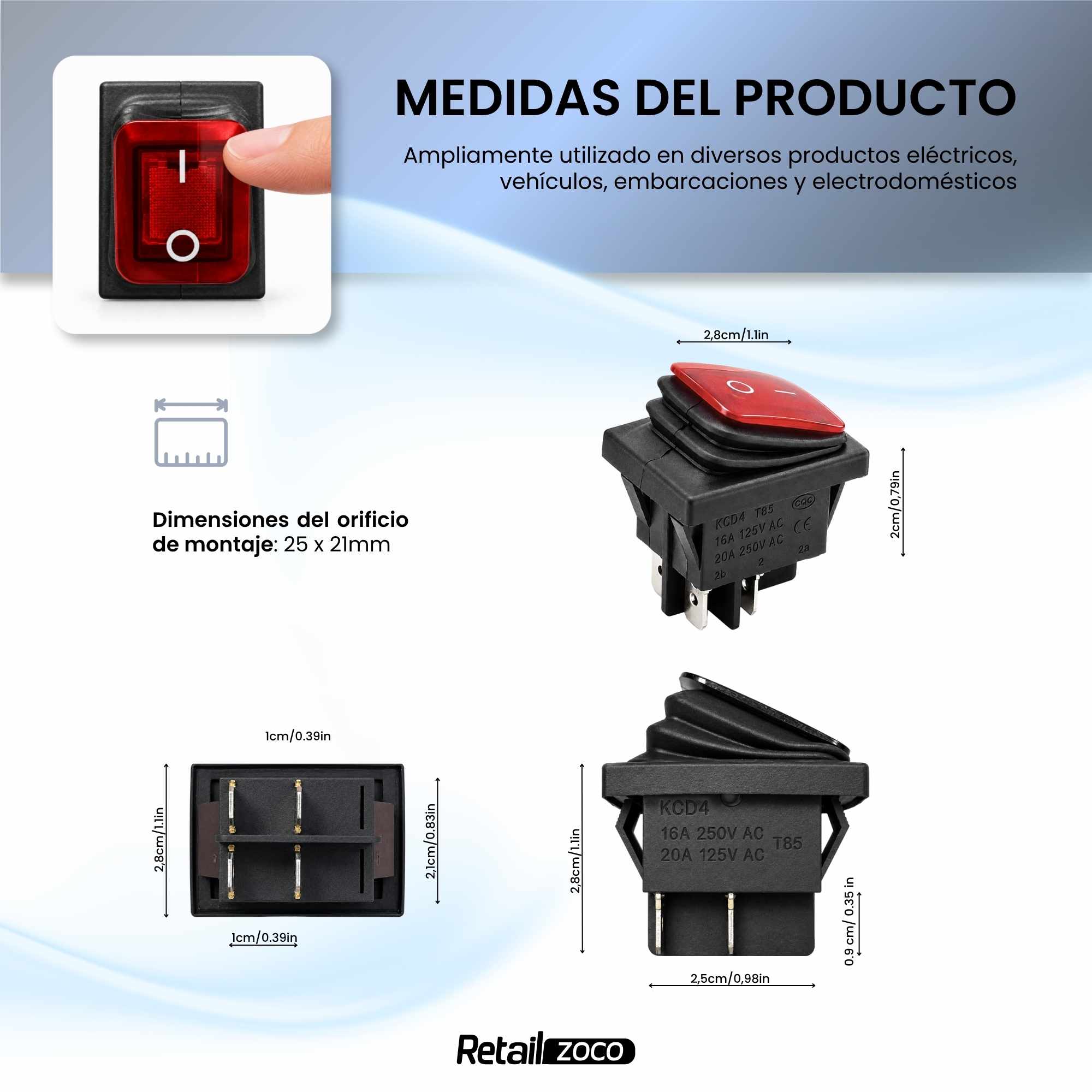 Interruptor basculante ON-OFF DPST 4 vias impermeable LED rojo 20 A - imagen 4