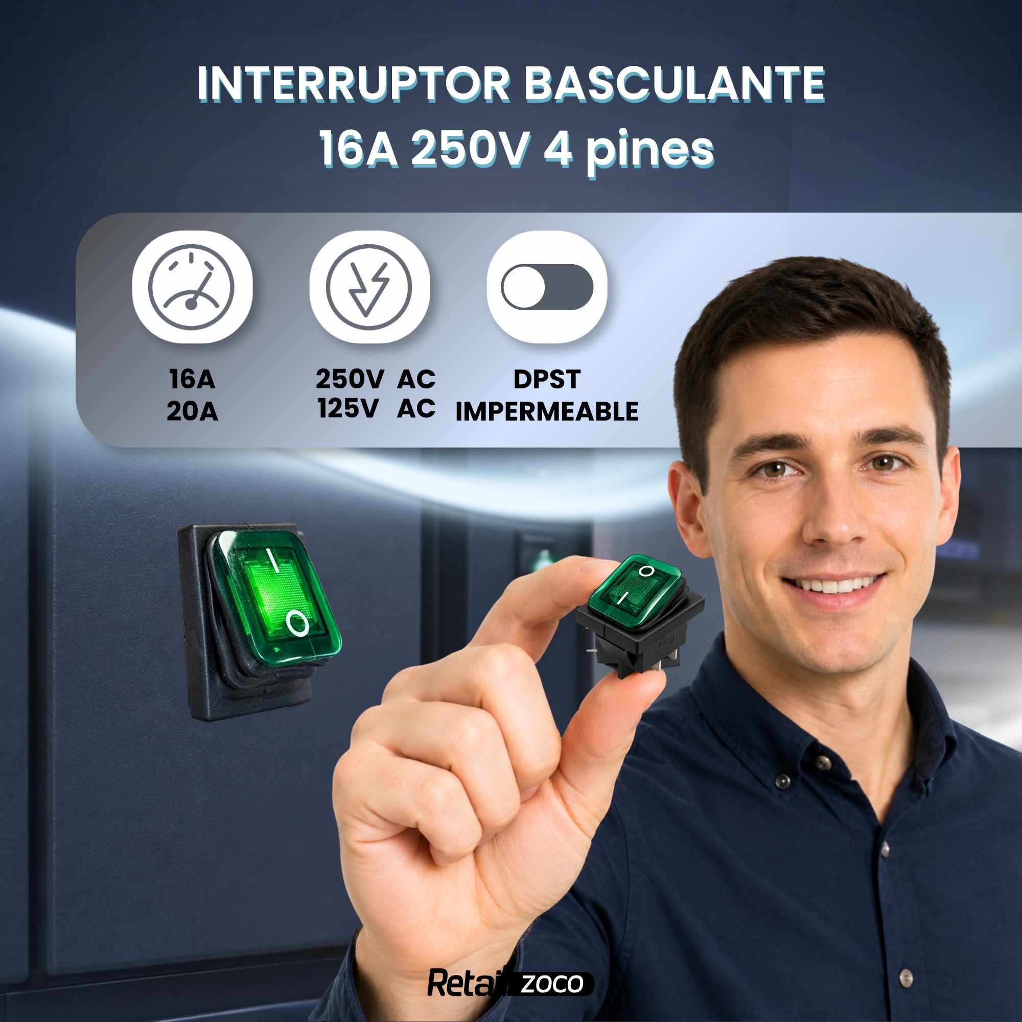 Interruptor basculante ON-OFF DPST 4 vias impermeable LED verde 20 A - imagen 2