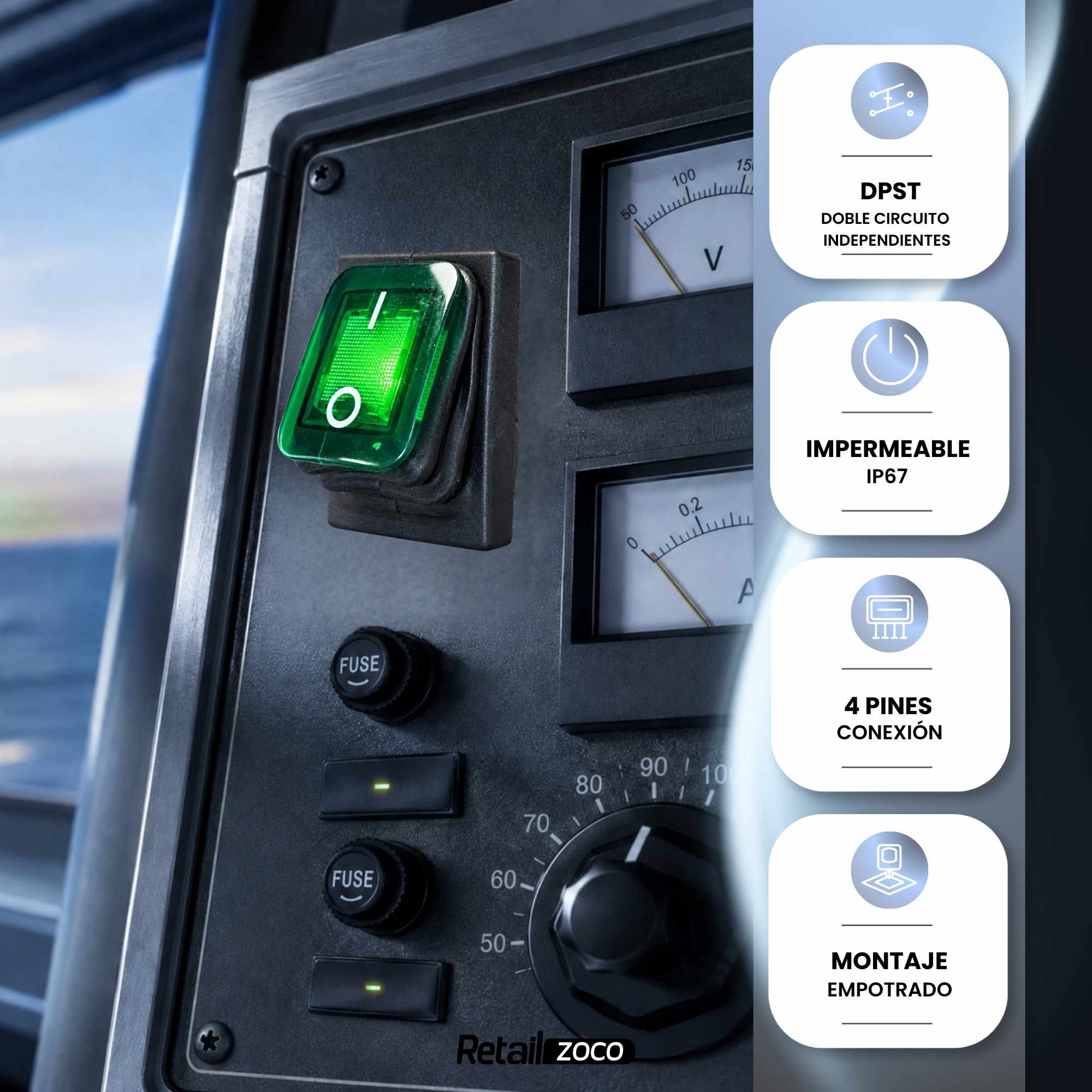Interruptor basculante ON-OFF DPST 4 vias impermeable LED verde 20 A - imagen 4