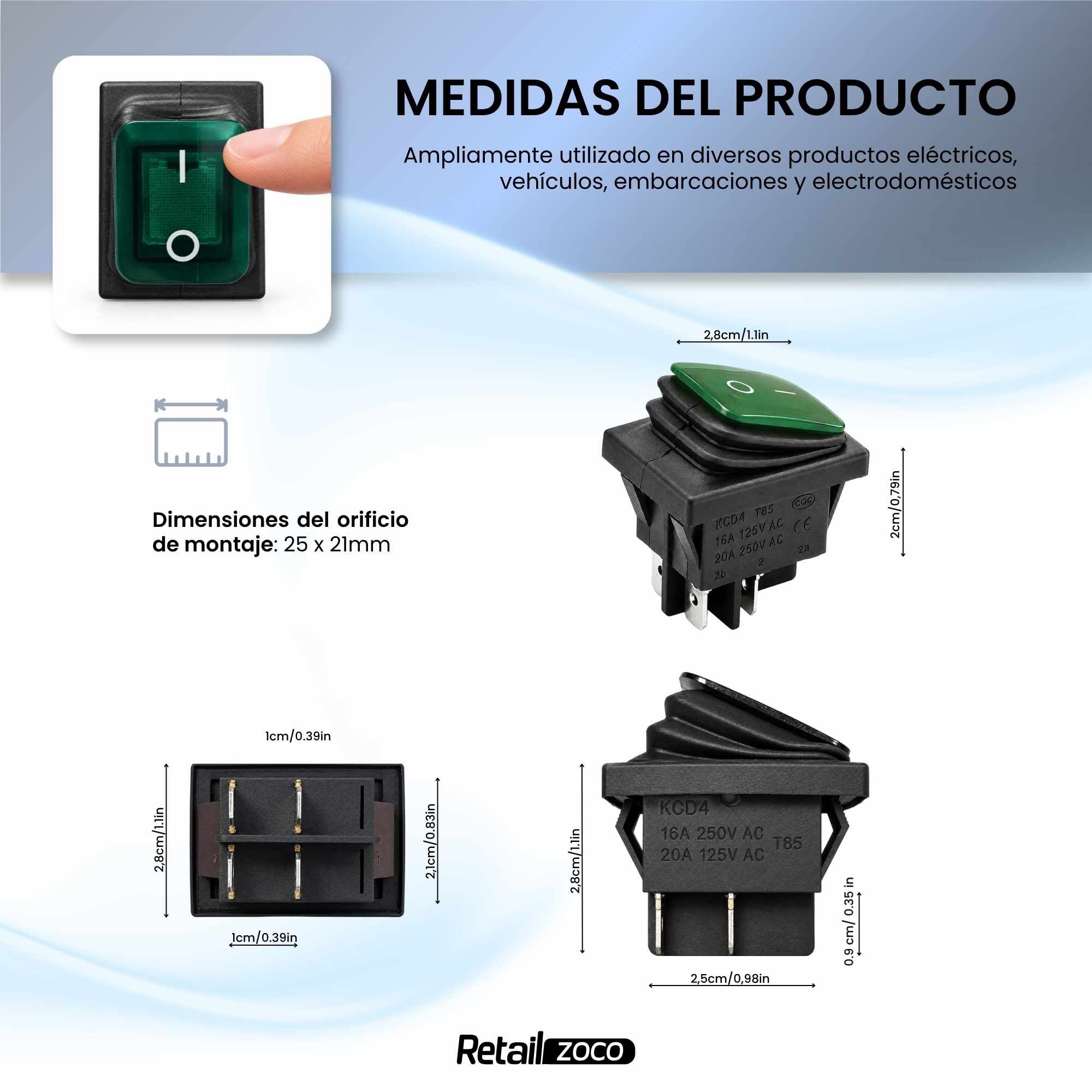 Interruptor basculante ON-OFF DPST 4 vias impermeable LED verde 20 A - imagen 3