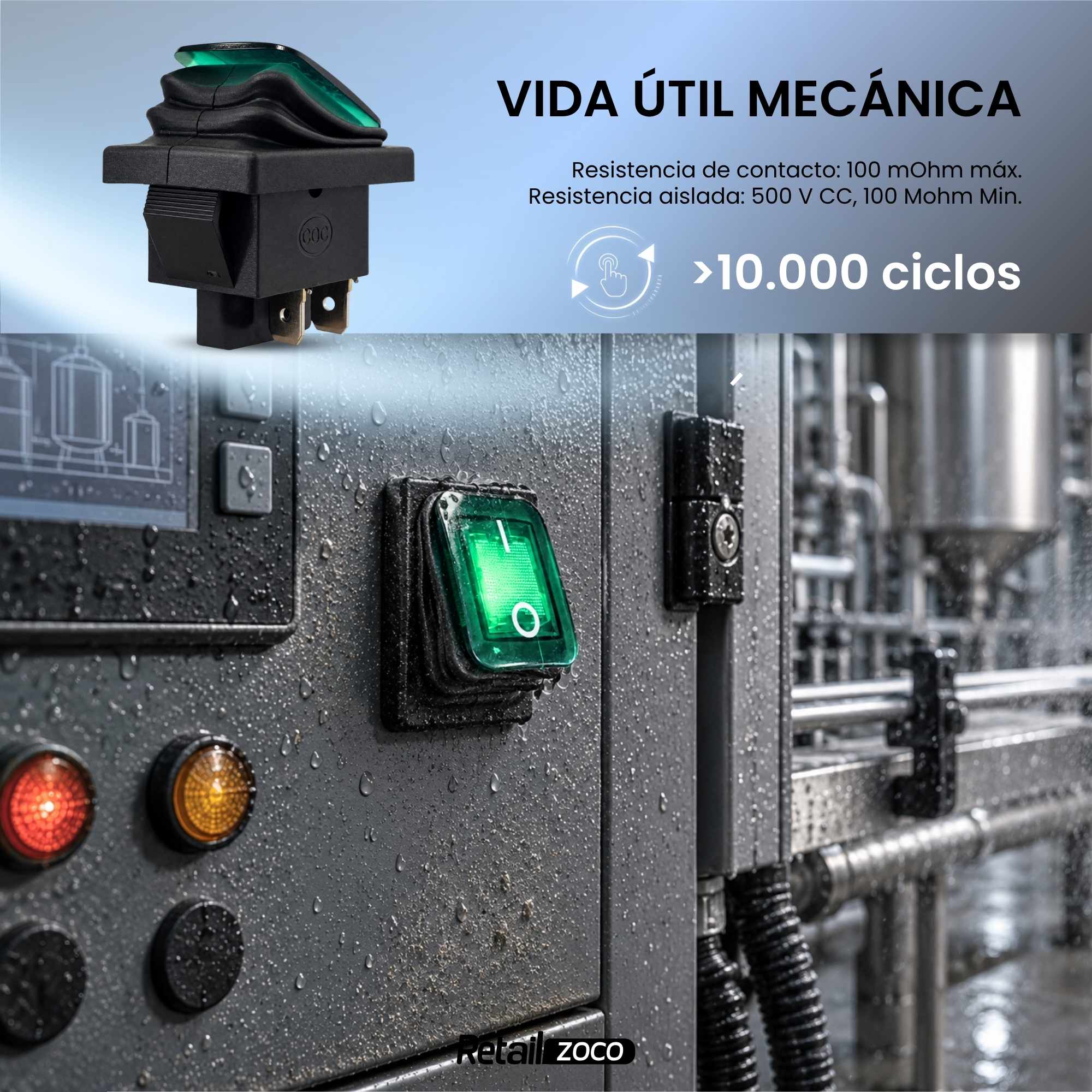 Interruptor basculante ON-OFF DPST 4 vias impermeable LED verde 20 A - imagen 5