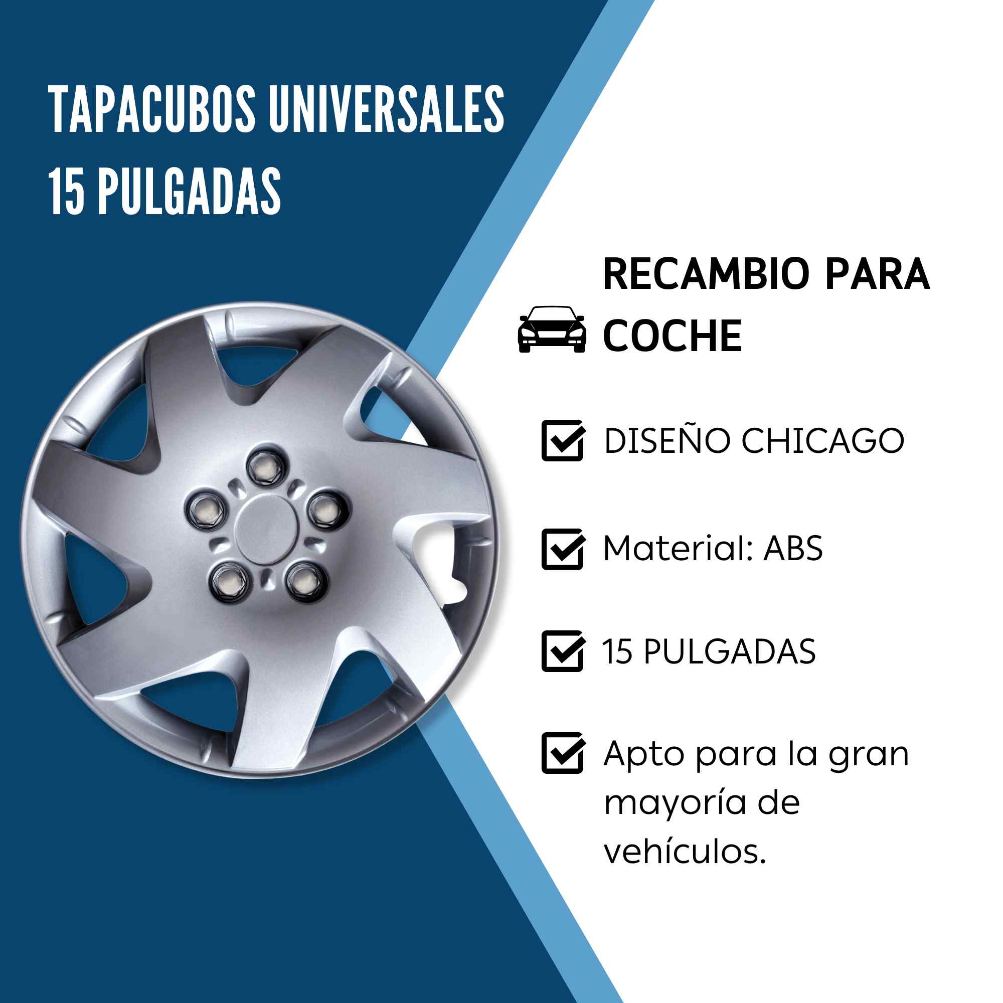 Tapacubos universales 15 pulgadas diseño Chicago ABS Resistente (4 uds) - imagen 4
